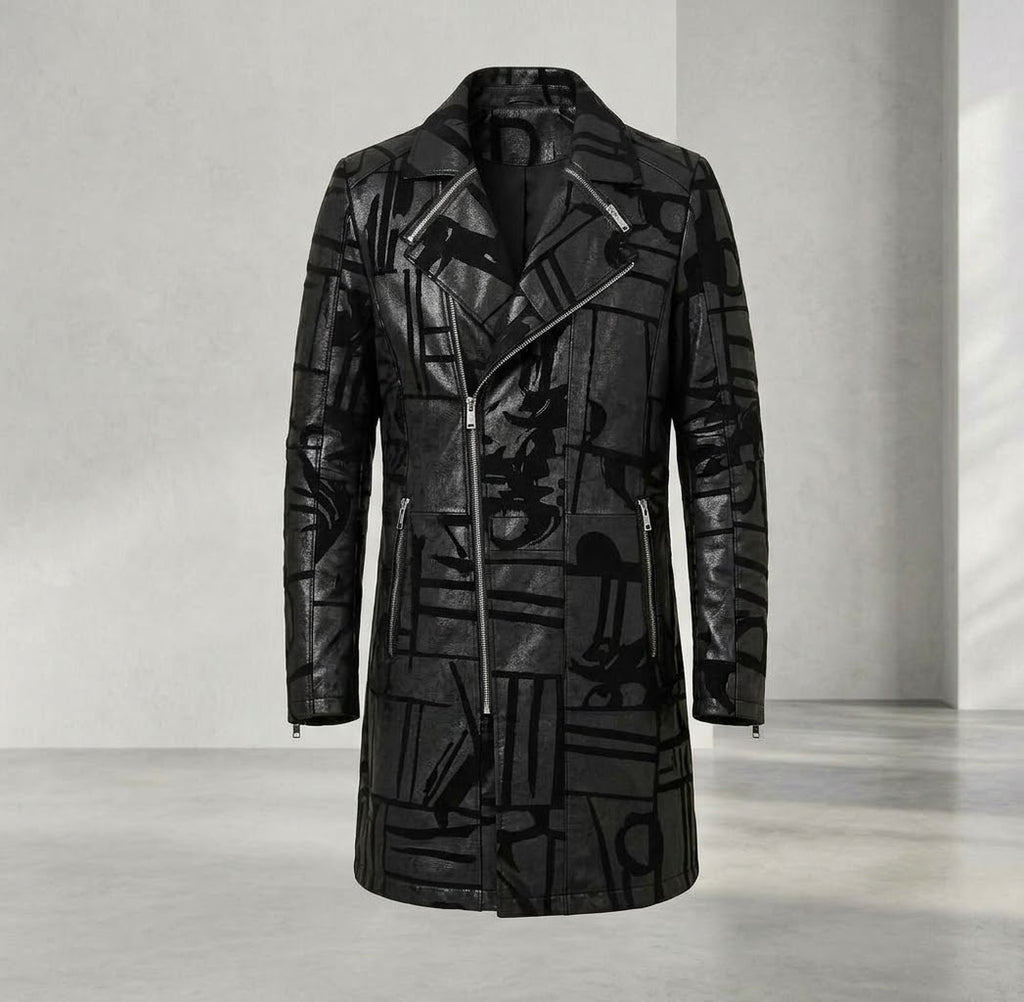 Men’s Genuine Sheepskin Leather Trench Coat – Black Graphic Print Real Leather Long Jacket