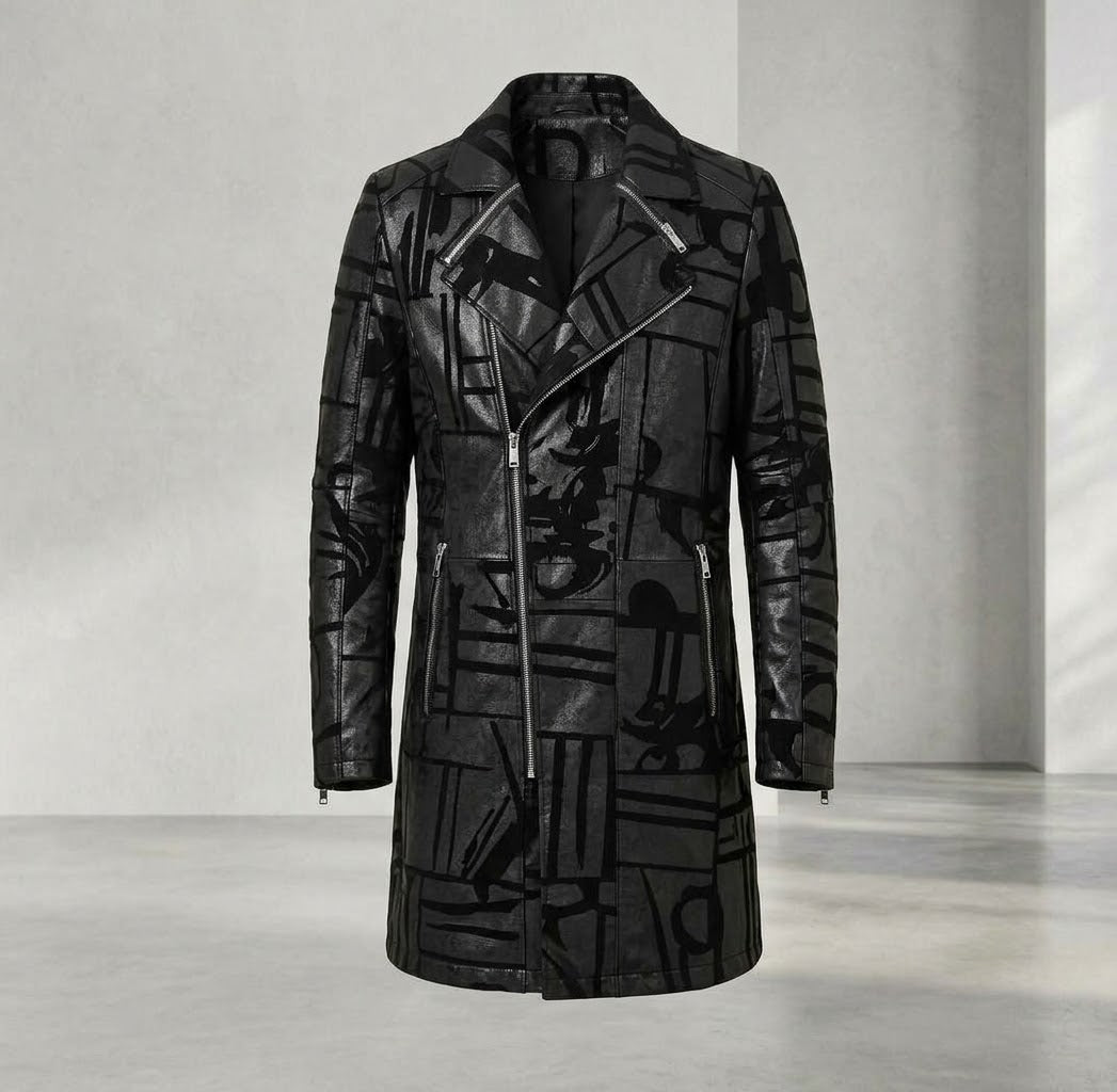 Men’s Genuine Sheepskin Leather Trench Coat – Black Graphic Print Real Leather Long Jacket