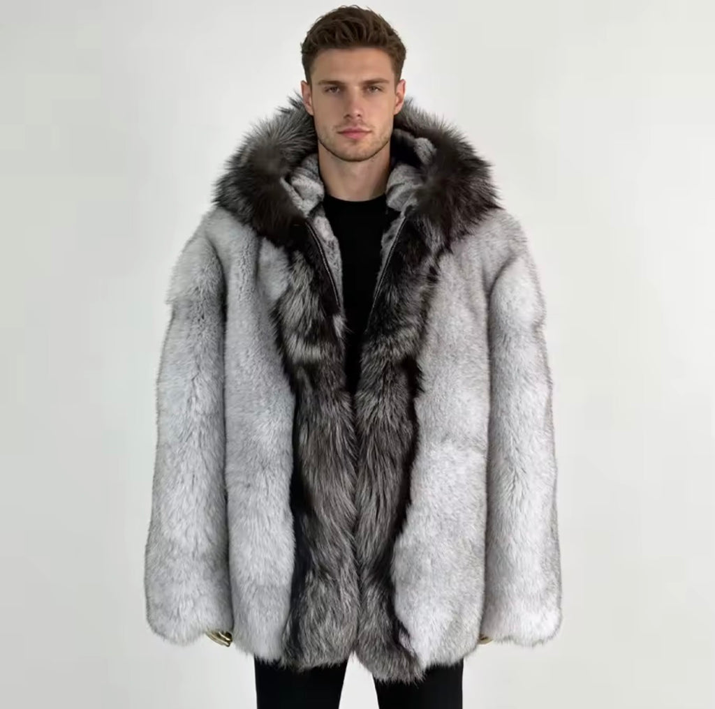 Men's Real Fox Fur & Rex Rabbit Fur Lined Winter Jacket | Luxury Hooded Outerwear with Silver Fox Trim