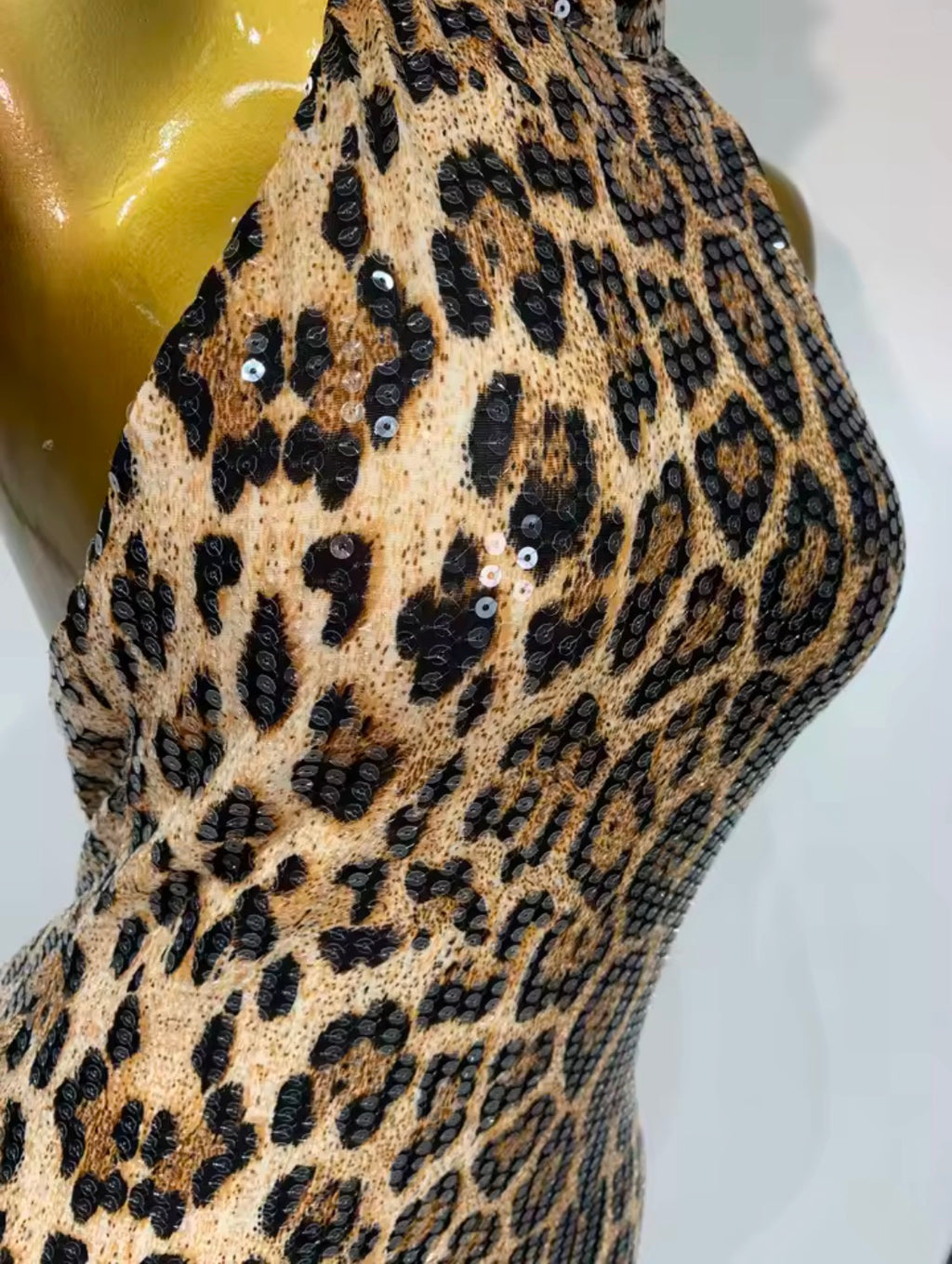 Sequin Leopard Print Prom Dress, Halter Neck Backless Evening Gown, Glam Mermaid High Collar Formal Dress, Animal Print Party Dress