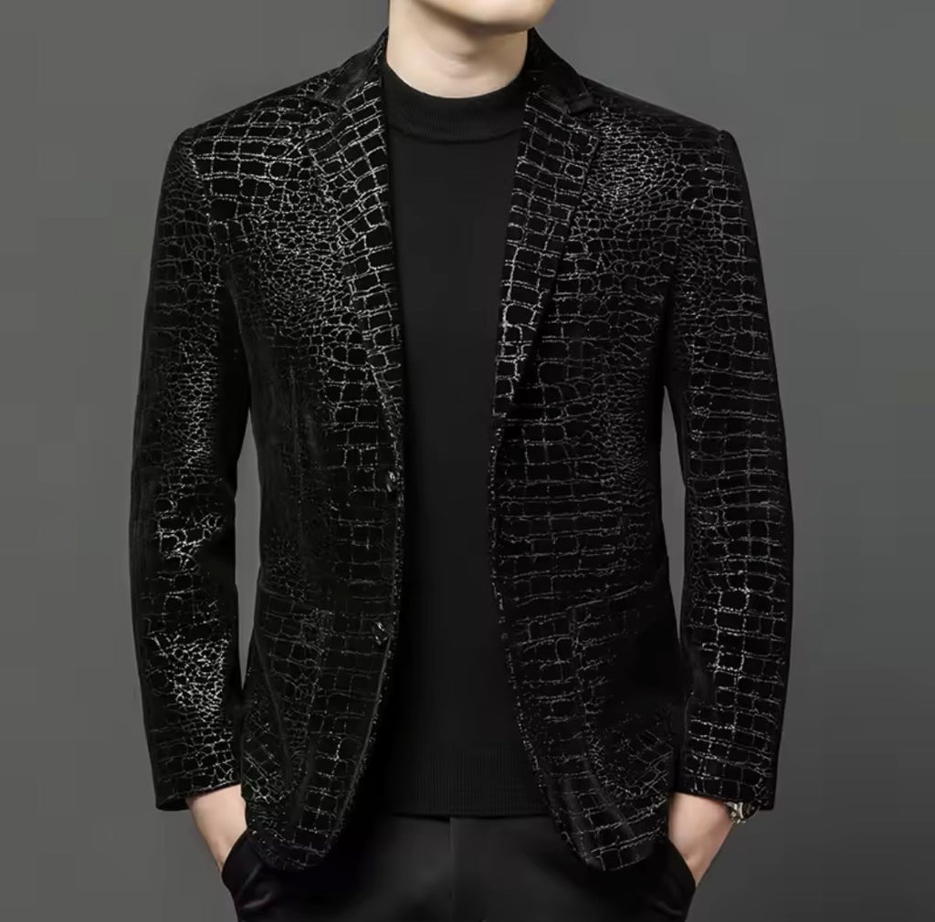 Men's Genuine Sheepskin Leather Blazer Jacket, Luxury Textured Pattern Slim Fit Sport Coat, Black Leather Tuxedo Blazer for Men, Gift for Him