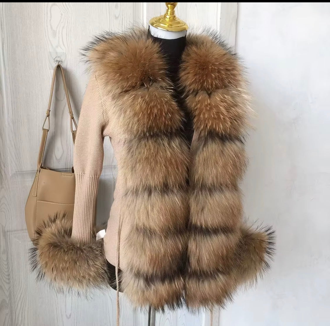 Luxury Real Fox Fur Cardigan with Sleeves & Cuffs | Handcrafted Knit Wool Blend Sweater with Genuine Fox Fur Trim