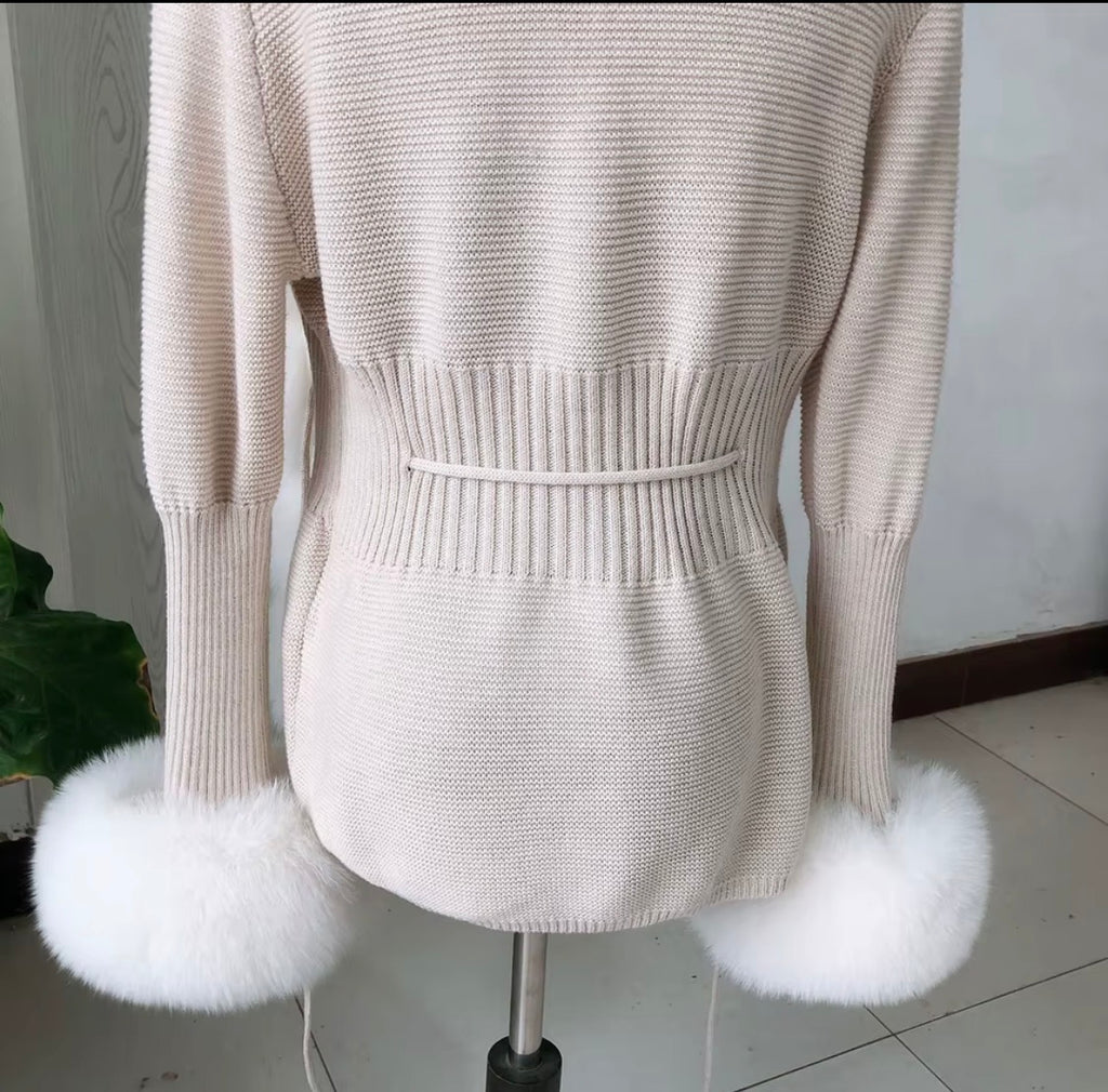 Luxury Real Fox Fur Cardigan with Sleeves & Cuffs | Handcrafted Knit Wool Blend Sweater with Genuine Fox Fur Trim