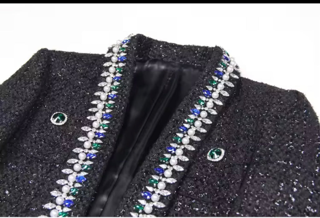 Black Tweed Skirt Suit Set | Rhinestone & Pearl Embellished Blazer and Asymmetrical Mini Skirt | Luxury Jeweled Two Piece Maximalist Outfit