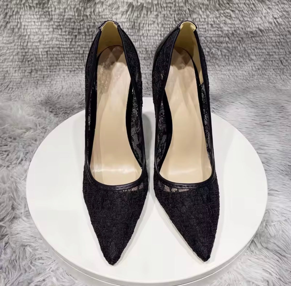 Black Lace Mesh High Heels with Bow Accents | Pointed Toe Stiletto Pumps | Pearl, Rhinestone & Classic Lace Wedding & Evening Shoeshine