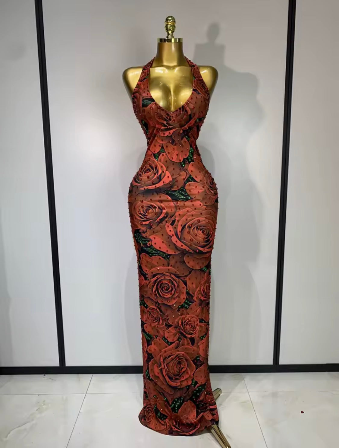 Red Rose Rhinestone Halter Maxi Dress | Floral Mesh Bodycon Evening Gown | Glam Formal Party Dress | Floor Length Backless Dress | Elegant Dress