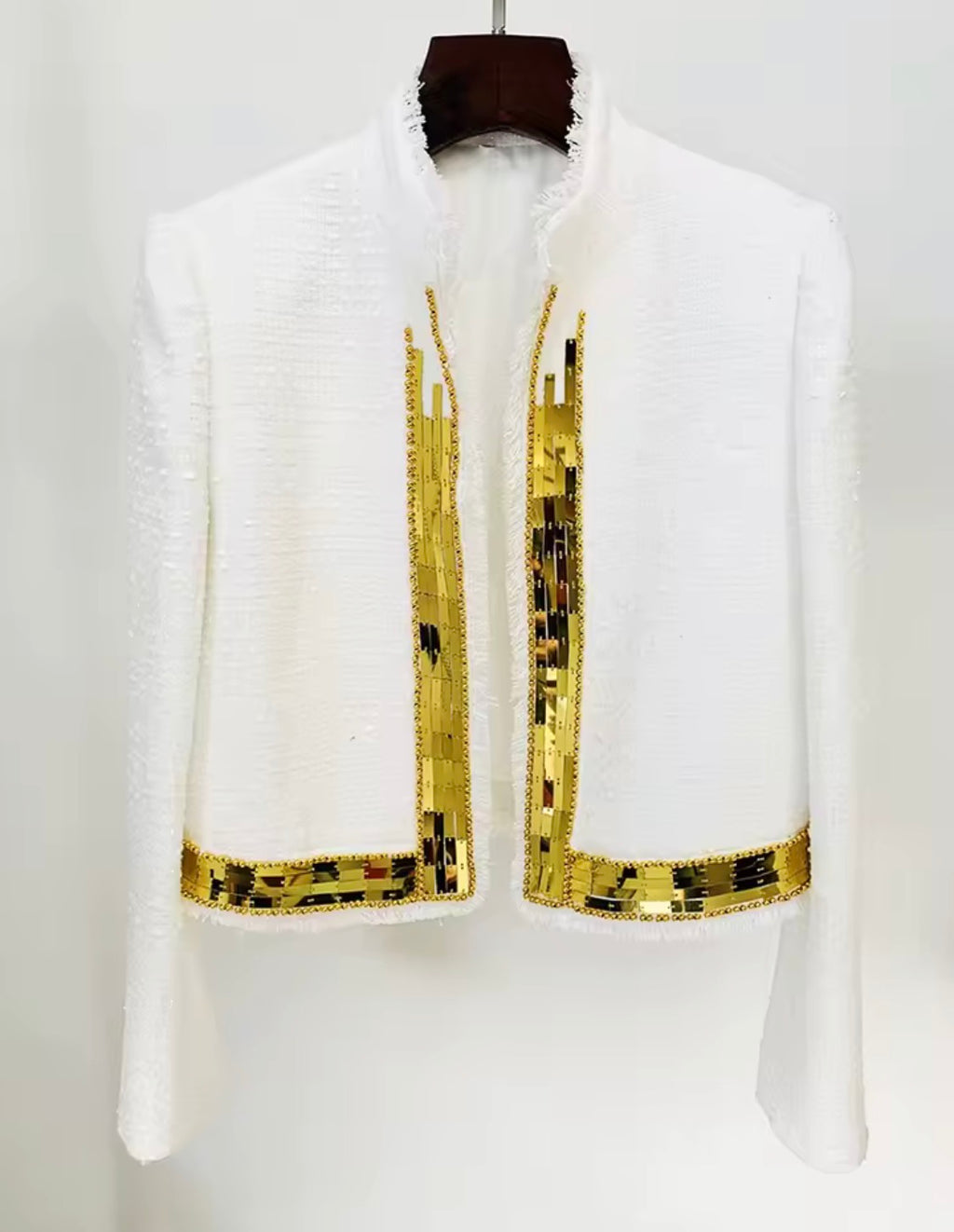 Women White Bouclé Tweed Jacket with Gold Chain Sequin Trim | Open Front Elegant Cropped Blazer, Vintage Style Evening Party Coat