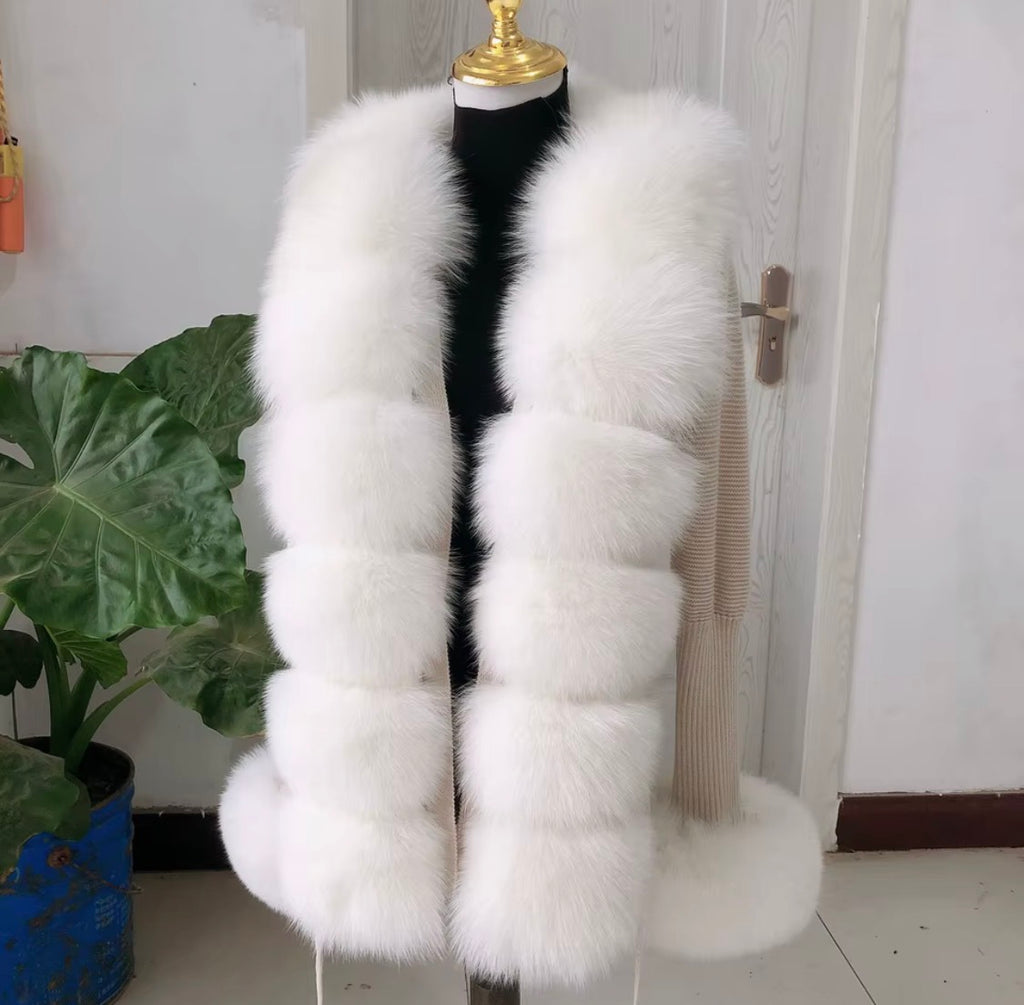 Luxury Real Fox Fur Cardigan with Sleeves & Cuffs | Handcrafted Knit Wool Blend Sweater with Genuine Fox Fur Trim