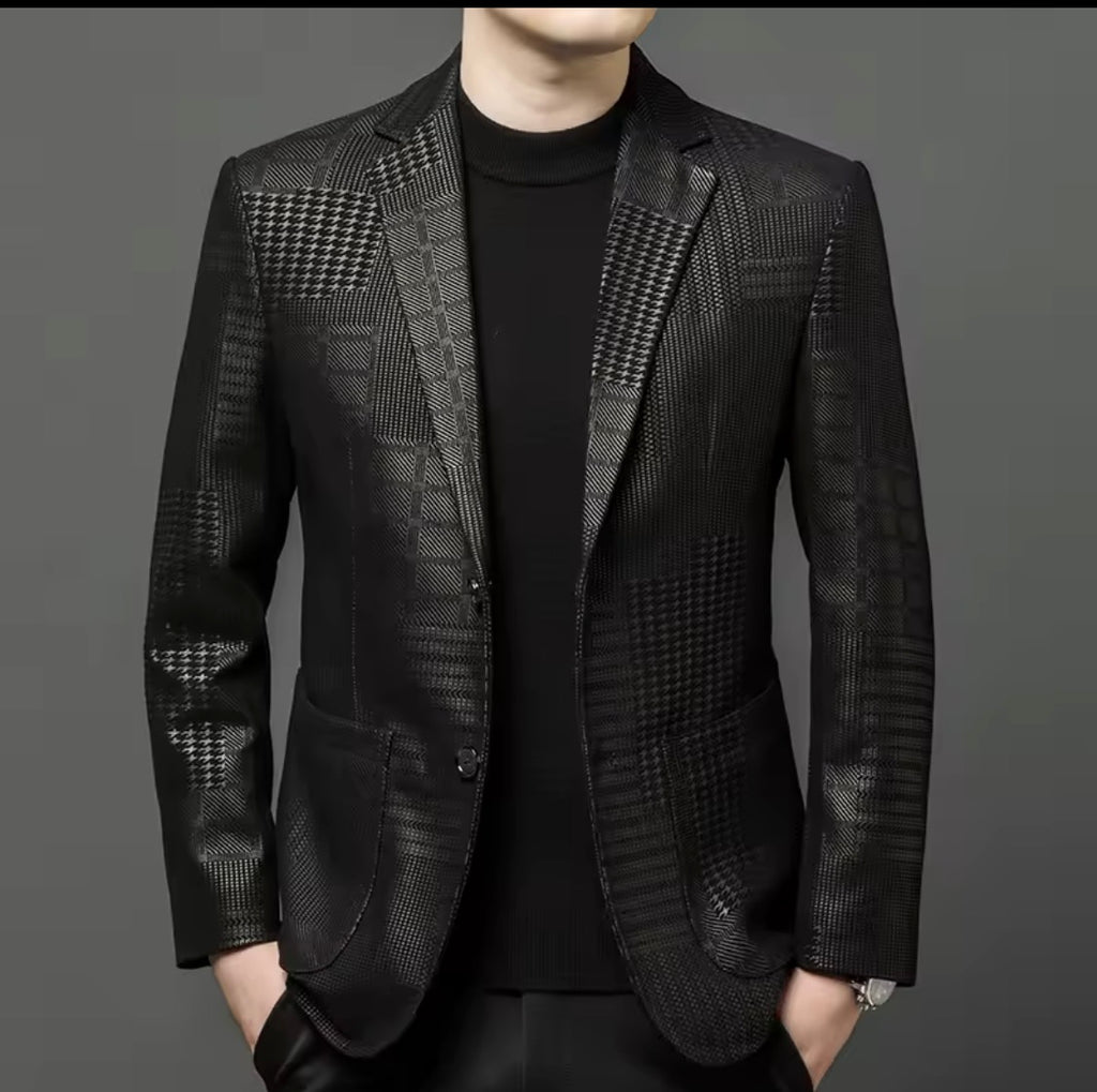 Men's Genuine Sheepskin Leather Blazer Jacket, Luxury Textured Pattern Slim Fit Sport Coat, Black Leather Tuxedo Blazer for Men, Gift for Him