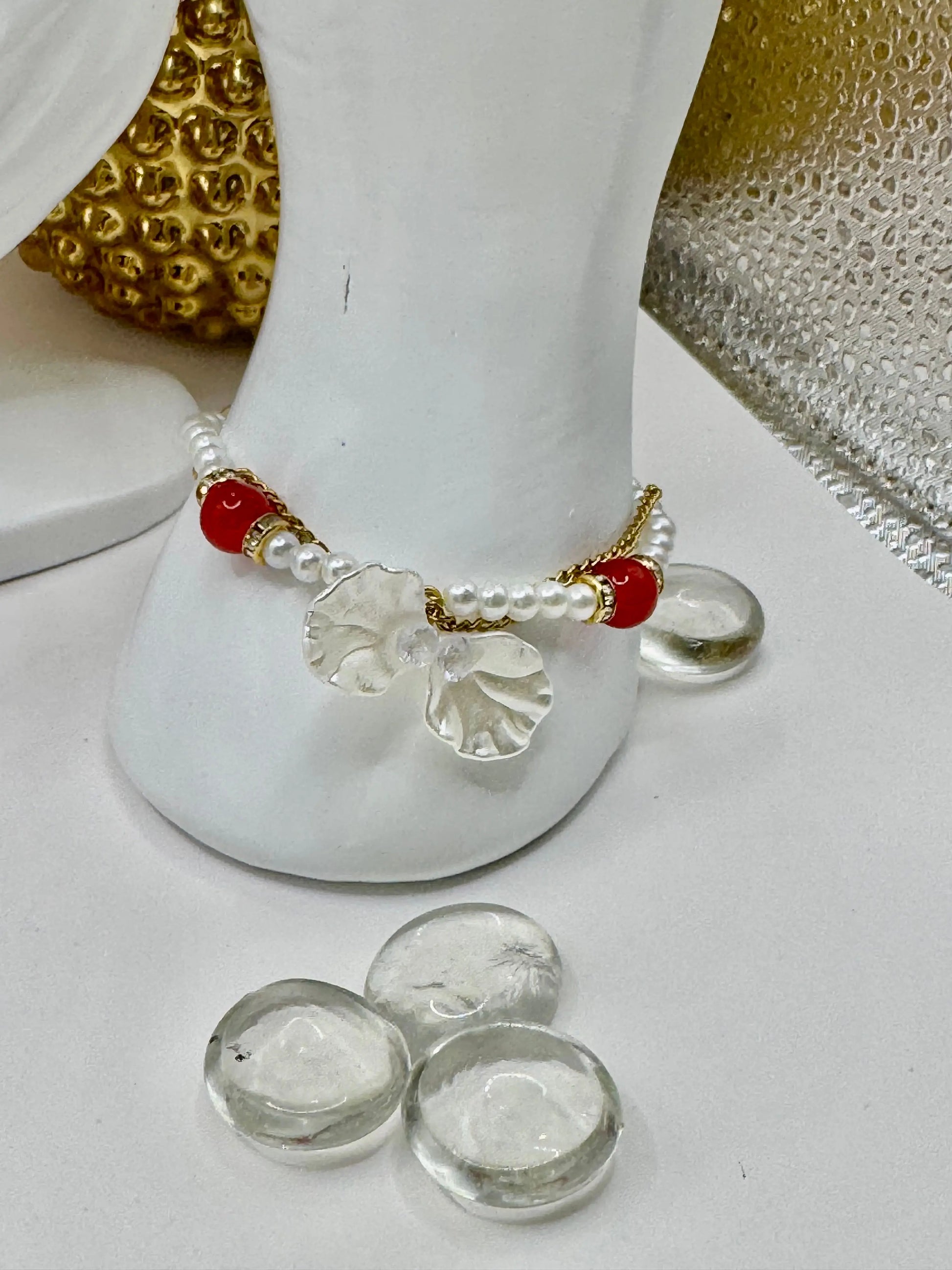 18k gold PVD Artificial pearl and glass beads Necklace with 3D Flower pendant and Bracelet set - JNi3 shop