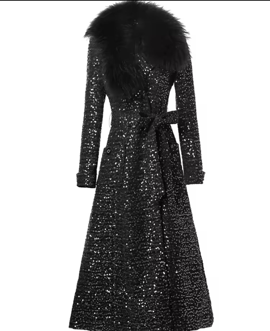 Elegant Sparkly Tweed Long Sequin Trench Belted Evening Overcoat with fur collar