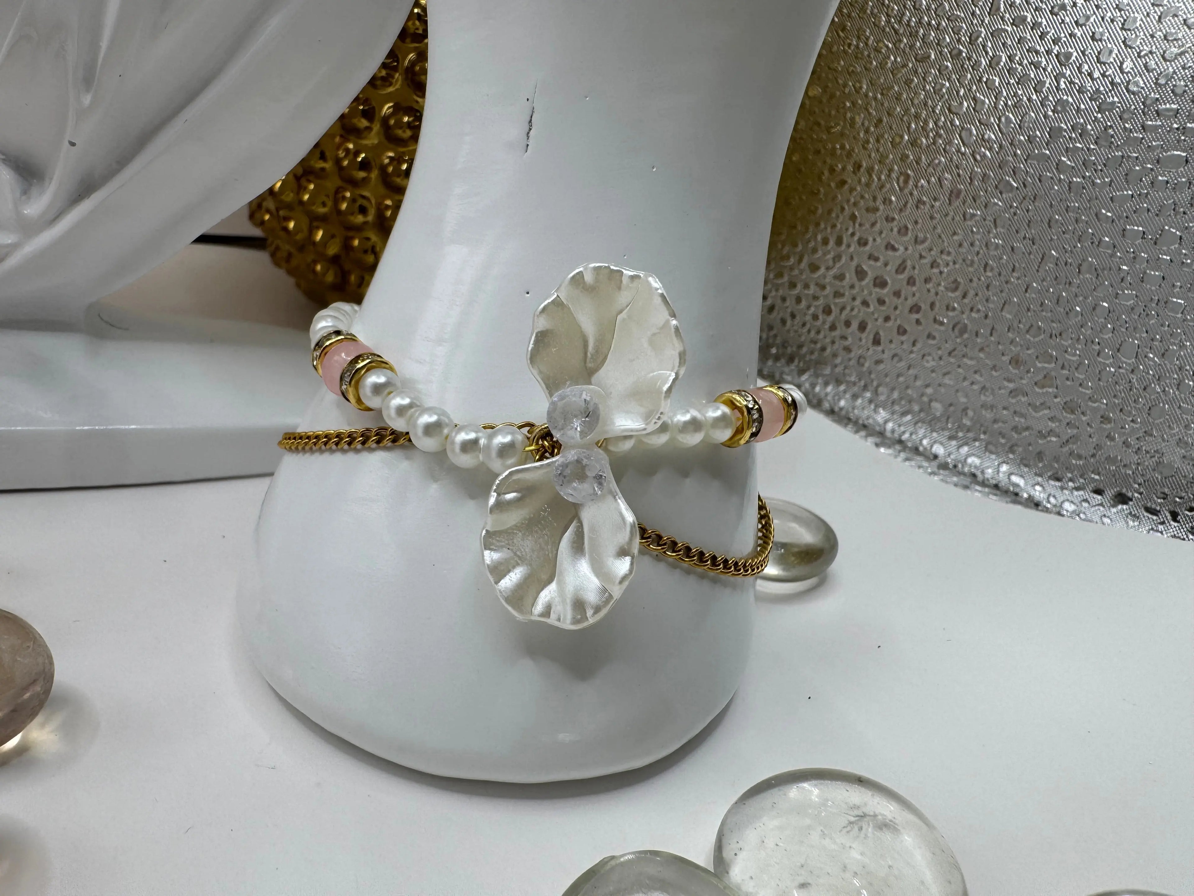 18k gold PVD Artificial pearl and glass beads Necklace with 3D Flower pendant and Bracelet set - JNi3 shop