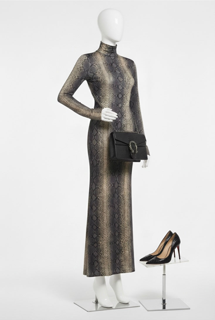 Serpentine Ensemble: Snake Print Maxi Dress, Charcoal Handbag & Stilettos | Complete Outfit, Animal Print Fashion