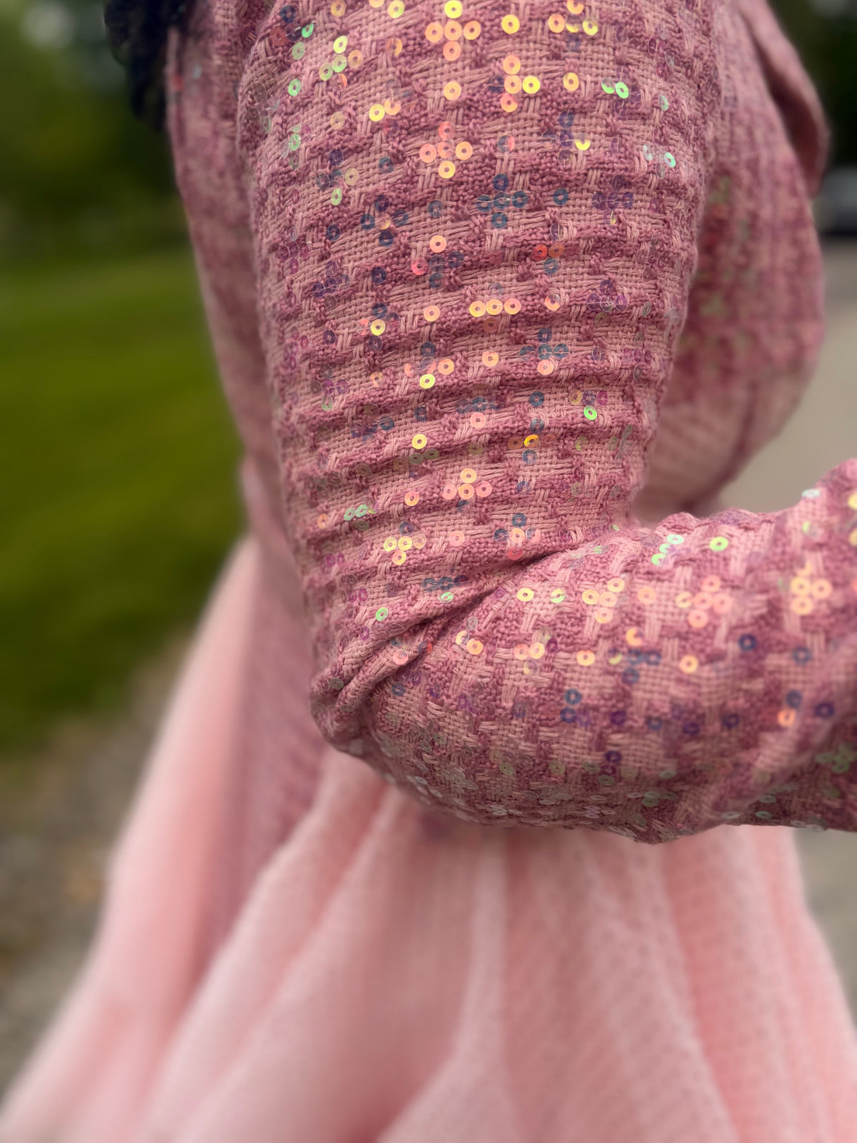 Pink Sequin Tweed trench Coat with Tiered Tulle Hem | Elegant Belted Dress Coat
