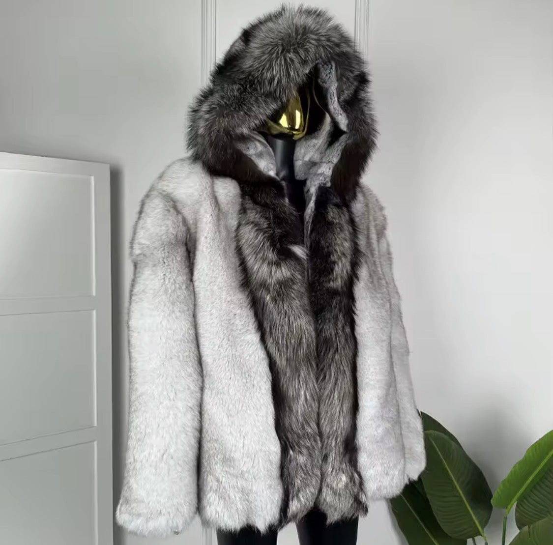 Men's Real Fox Fur & Rex Rabbit Fur Lined Winter Jacket | Luxury Hooded Outerwear with Silver Fox Trim