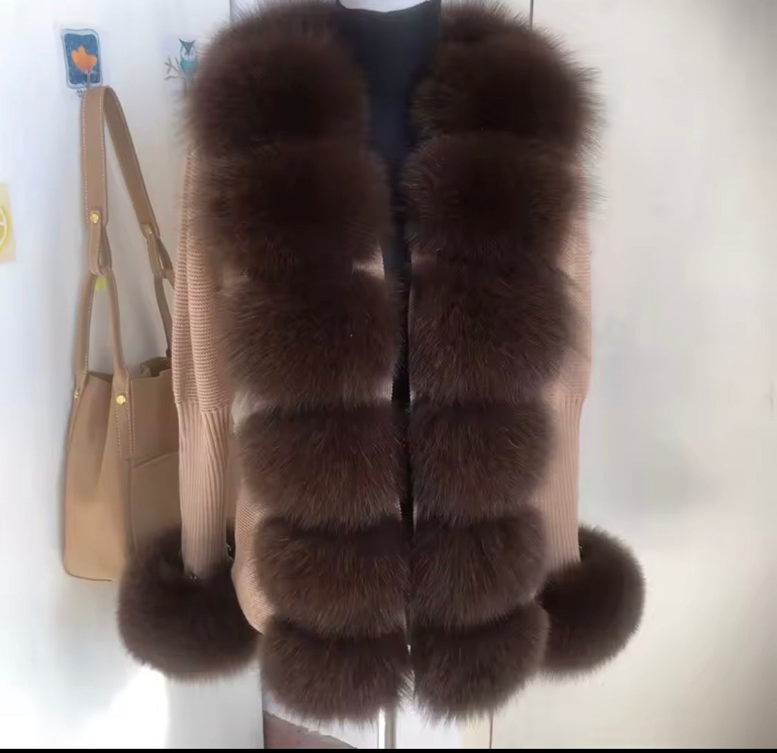 Luxury Real Fox Fur Cardigan with Sleeves & Cuffs | Handcrafted Knit Wool Blend Sweater with Genuine Fox Fur Trim