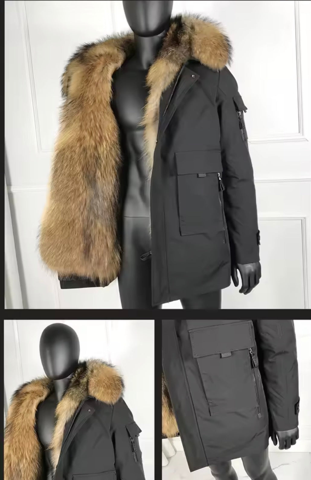 Men's Luxury Real Raccoon Fur Hooded Parka Jacket