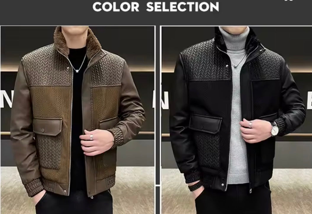 Men’s Fleece-Lined PU Leather Jacket – Bomber Jacket with Faux Fur Collar