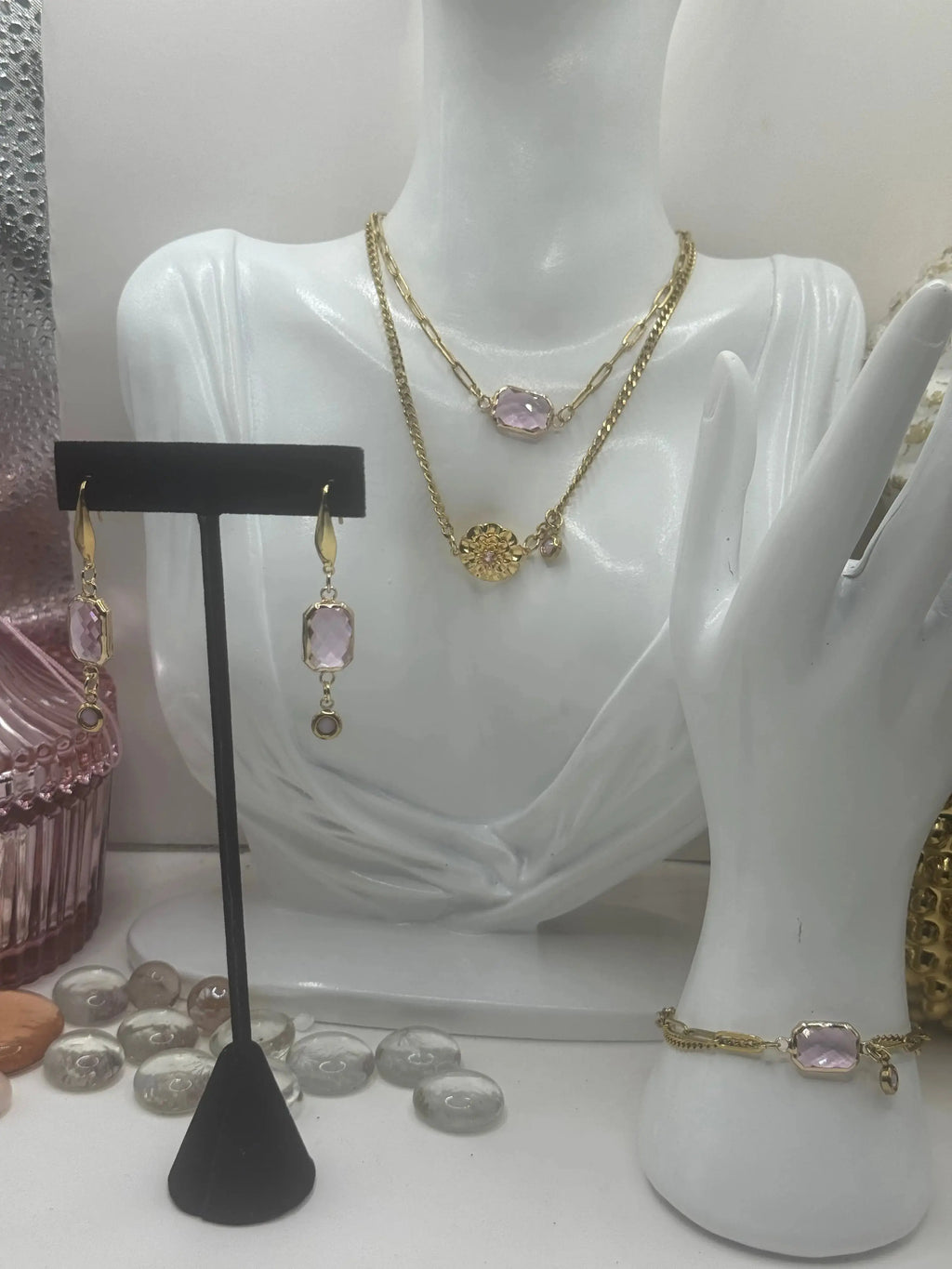 18k Gold PVD Birth Month double layered pendant Necklace, Bracelet and Earrings 3 pce set. JNi3 shop