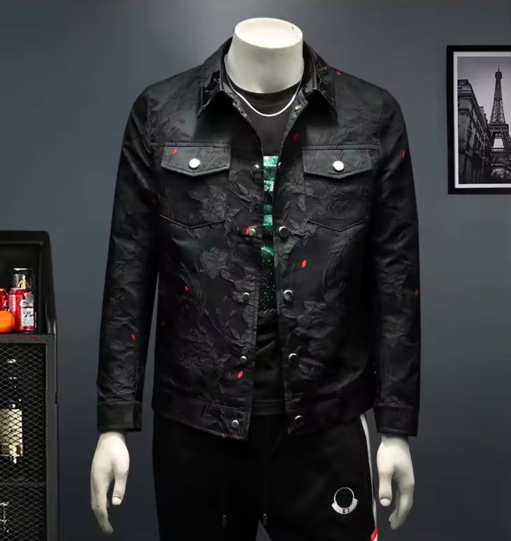 Men's Floral Jacquard Button-Up Casual Jacket with Pocket Details | Stylish Modern Statement Outerwear