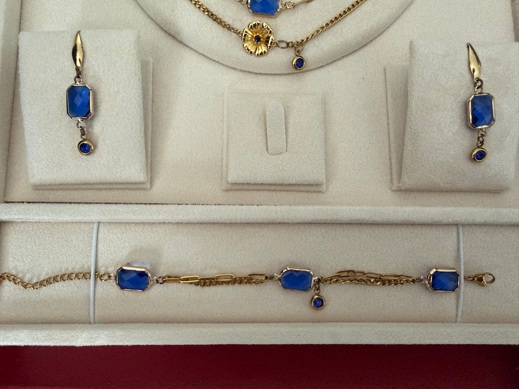 18k Gold PVD Birth Month double layered pendant Necklace, Bracelet and Earrings 3 pce set.