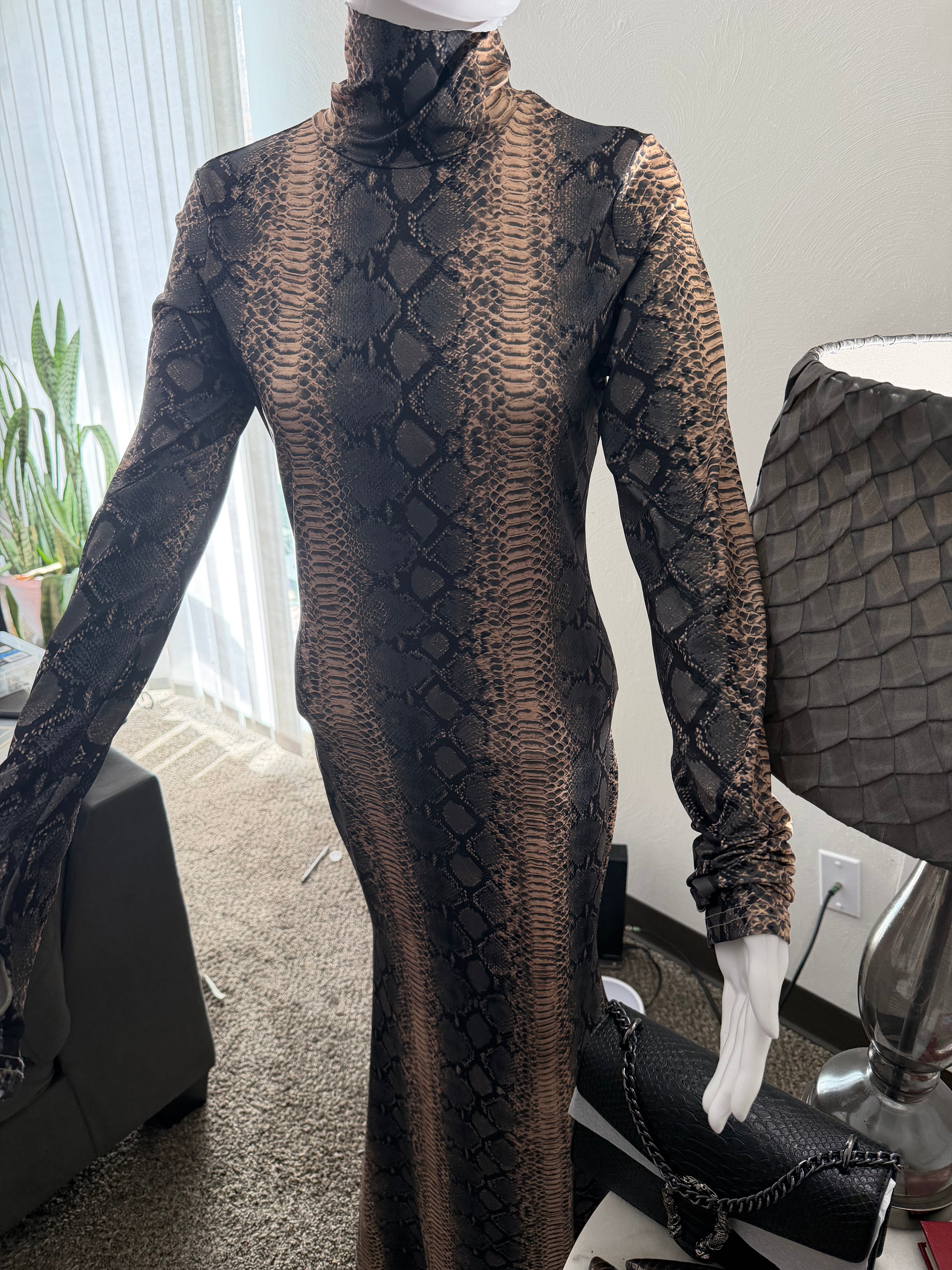 Serpentine Ensemble: Snake Print Maxi Dress, Charcoal Handbag & Stilettos | Complete Outfit, Animal Print Fashion