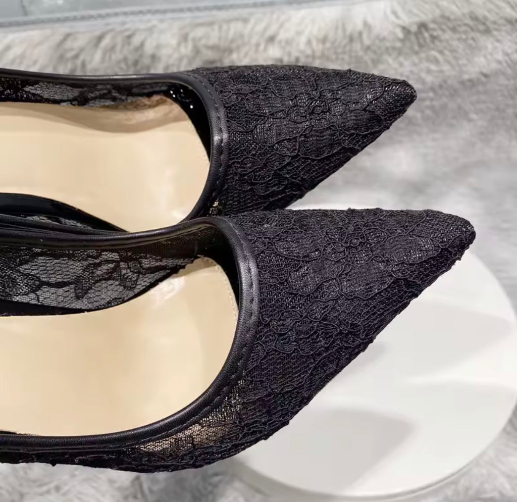 Black Lace Mesh High Heels with Bow Accents | Pointed Toe Stiletto Pumps | Pearl, Rhinestone & Classic Lace Wedding & Evening Shoeshine
