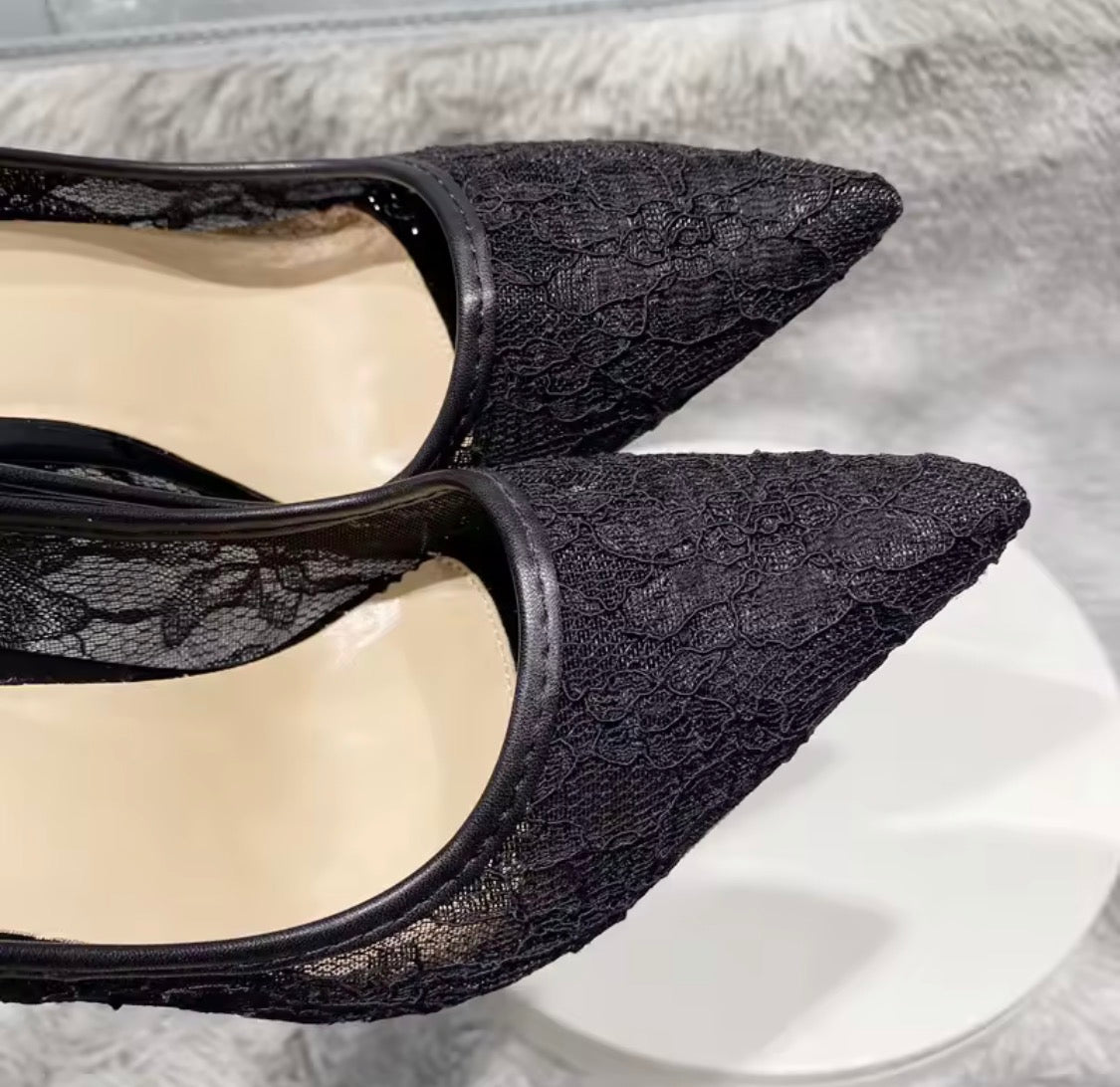 Black Lace Mesh High Heels with Bow Accents | Pointed Toe Stiletto Pumps | Pearl, Rhinestone & Classic Lace Wedding & Evening Shoeshine