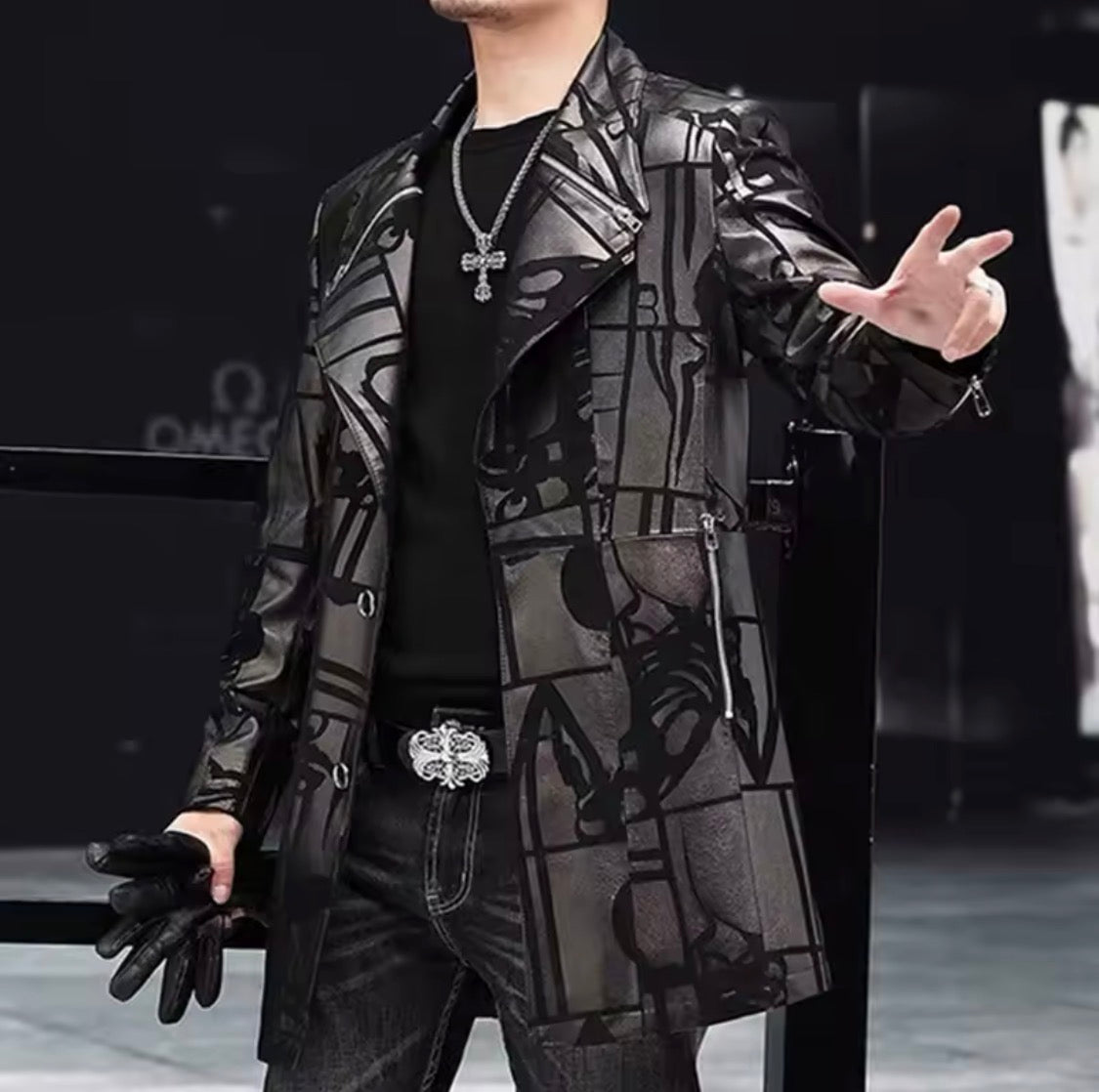 Men’s Genuine Sheepskin Leather Trench Coat – Black Graphic Print Real Leather Long Jacket