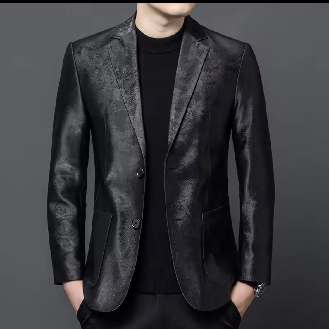 Men's Genuine Sheepskin Leather Blazer Jacket, Luxury Textured Pattern Slim Fit Sport Coat, Black Leather Tuxedo Blazer for Men, Gift for Him