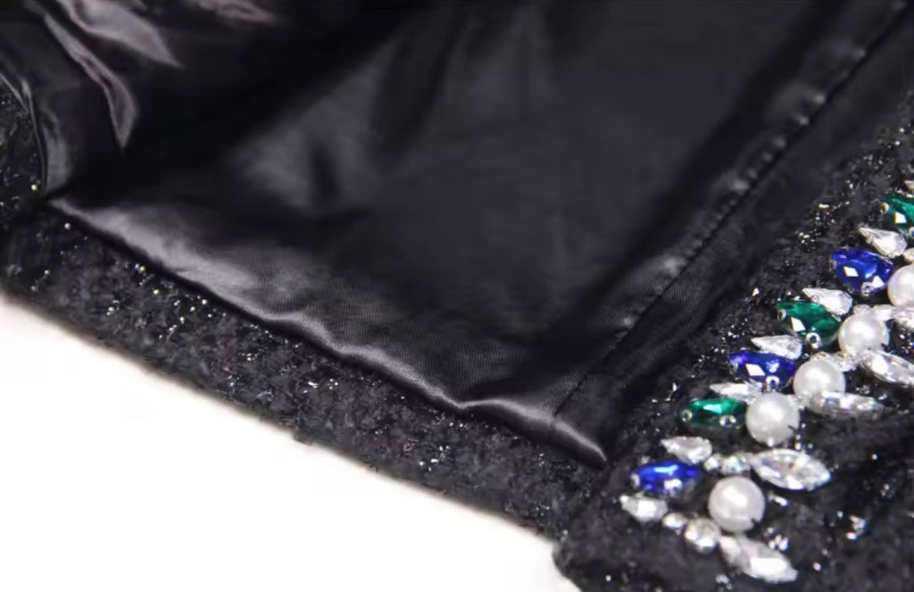 Black Tweed Skirt Suit Set | Rhinestone & Pearl Embellished Blazer and Asymmetrical Mini Skirt | Luxury Jeweled Two Piece Maximalist Outfit
