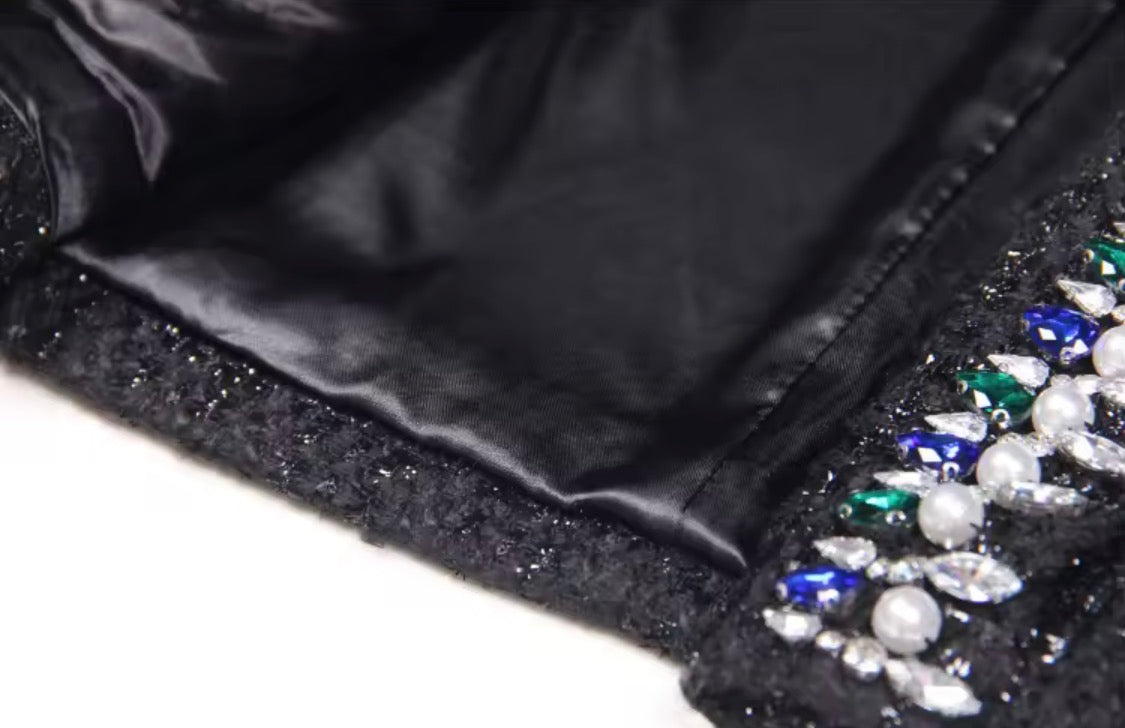 Black Tweed Skirt Suit Set | Rhinestone & Pearl Embellished Blazer and Asymmetrical Mini Skirt | Luxury Jeweled Two Piece Maximalist Outfit
