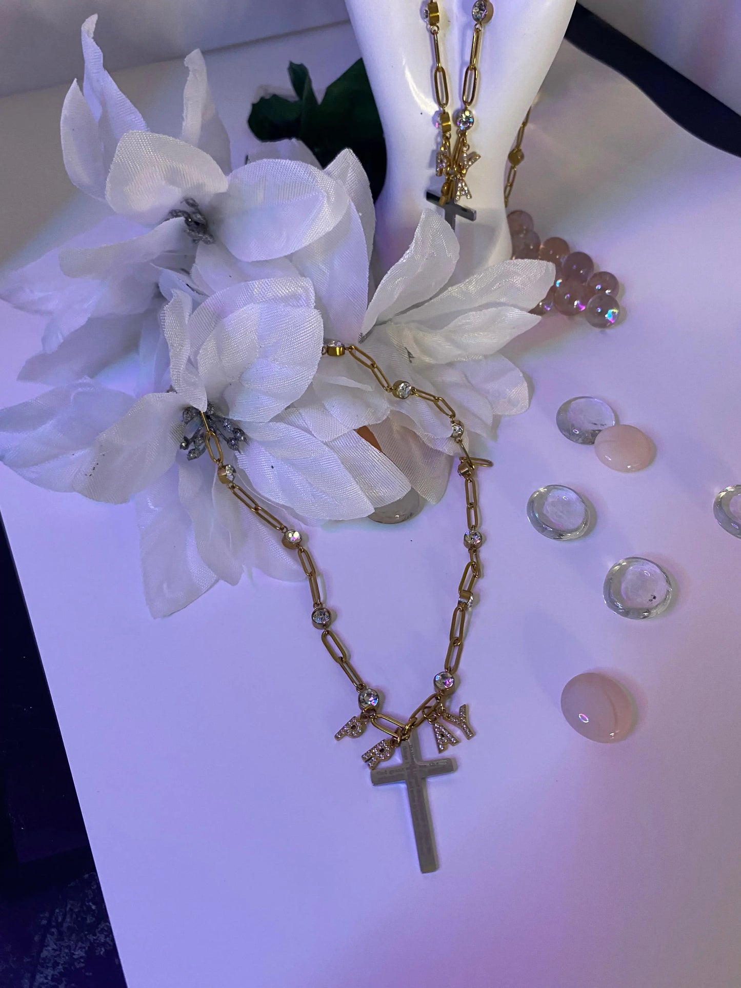 18K Gold PVD “PRAY” Cross Charm Necklace – Non-Tarnish Stainless Steel with CZ Accents - JNi3 shop