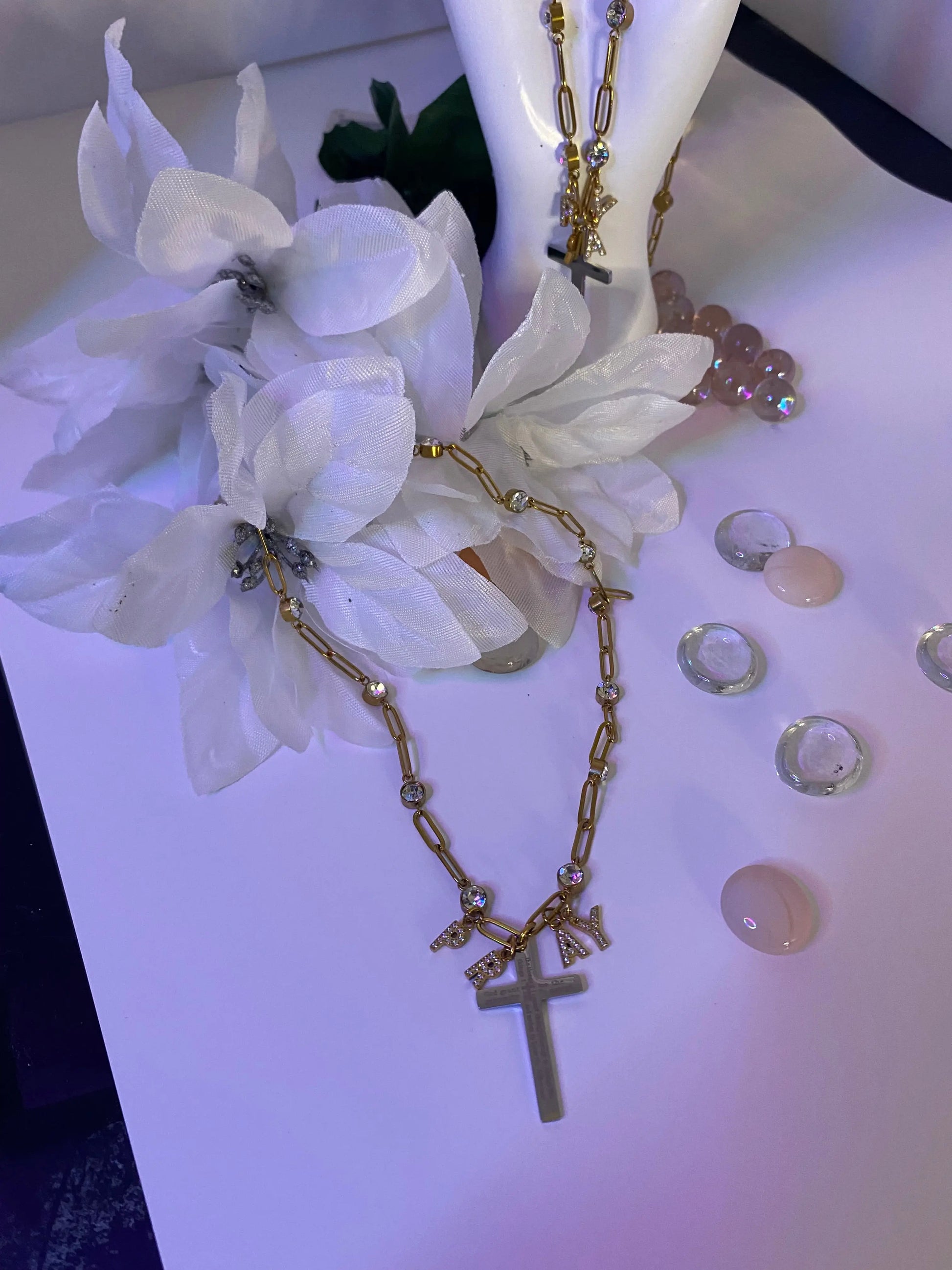 18K Gold PVD “PRAY” Cross Charm Necklace – Non-Tarnish Stainless Steel with CZ Accents - JNi3 shop
