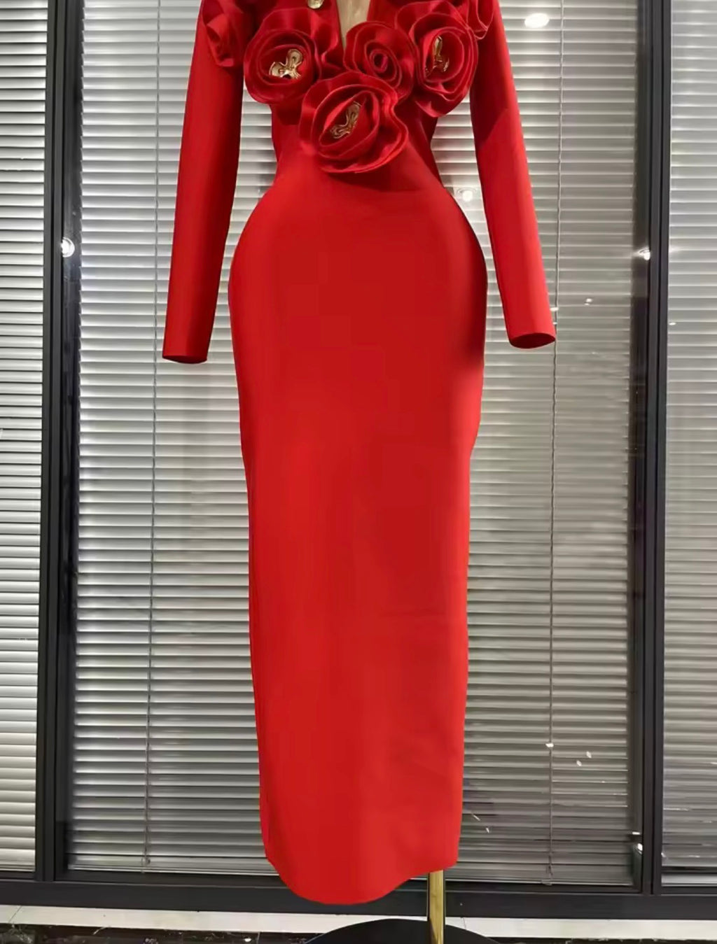 Luxury 3D Rose Floral Accent Long Sleeve Maxi Bandage Dress – Elegant Evening Gown