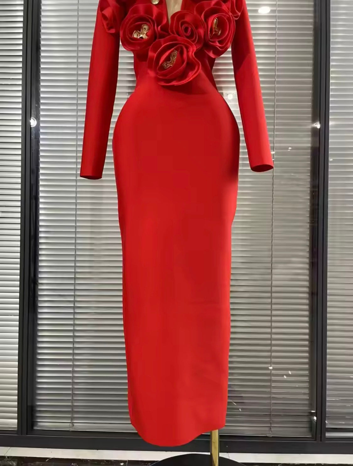 Luxury 3D Rose Floral Accent Long Sleeve Maxi Bandage Dress – Elegant Evening Gown