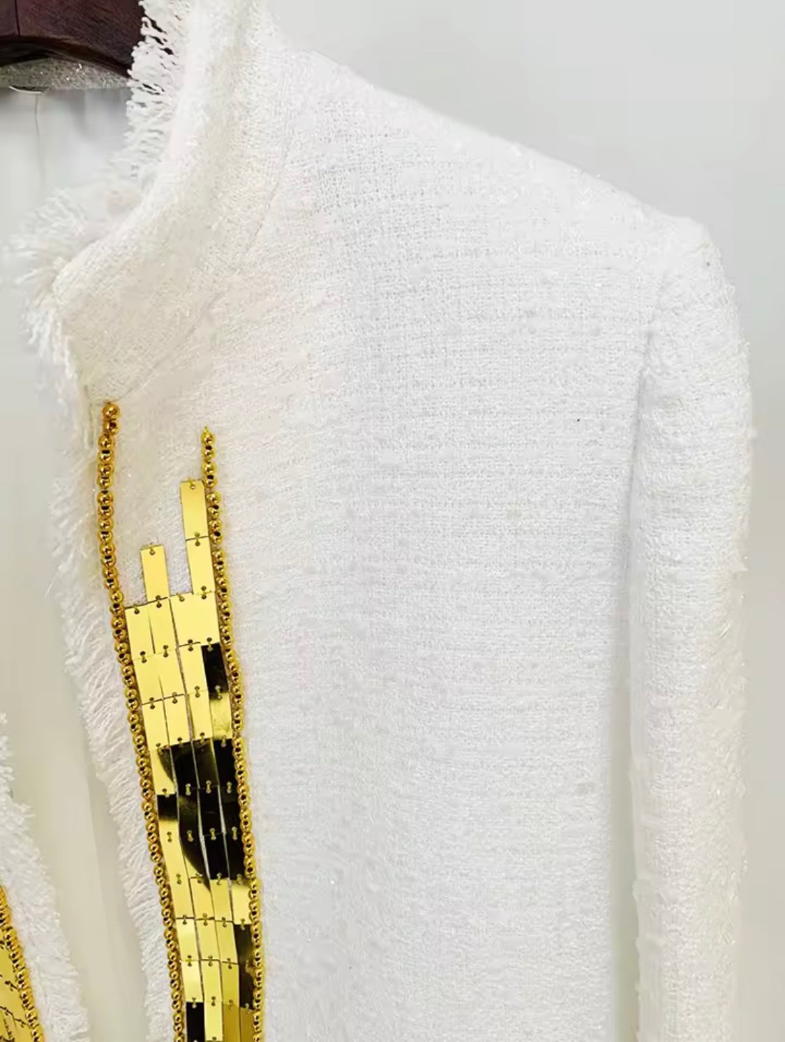 Women White Bouclé Tweed Jacket with Gold Chain Sequin Trim | Open Front Elegant Cropped Blazer, Vintage Style Evening Party Coat