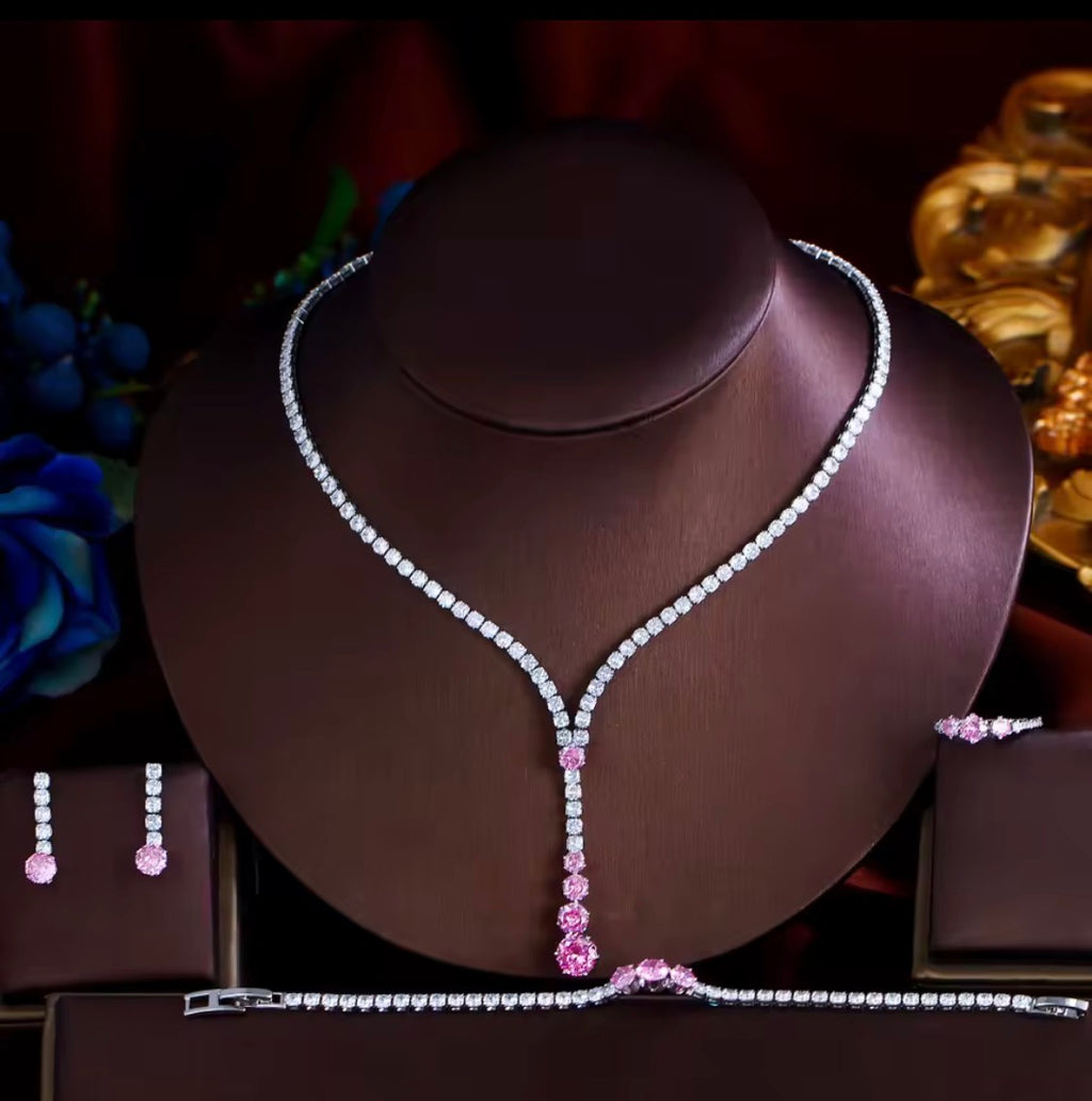 Luxury Pink Cubic Zirconia Jewelry Set for Women – 4-Piece Silver Plated Bridal Necklace, Drop Earrings, Tennis Bracelet & Adjustable Ring