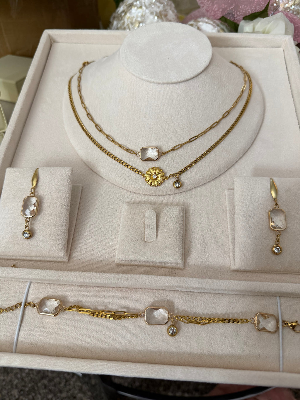 18k Gold PVD Birth Month double layered pendant Necklace, Bracelet and Earrings 3 pce set.