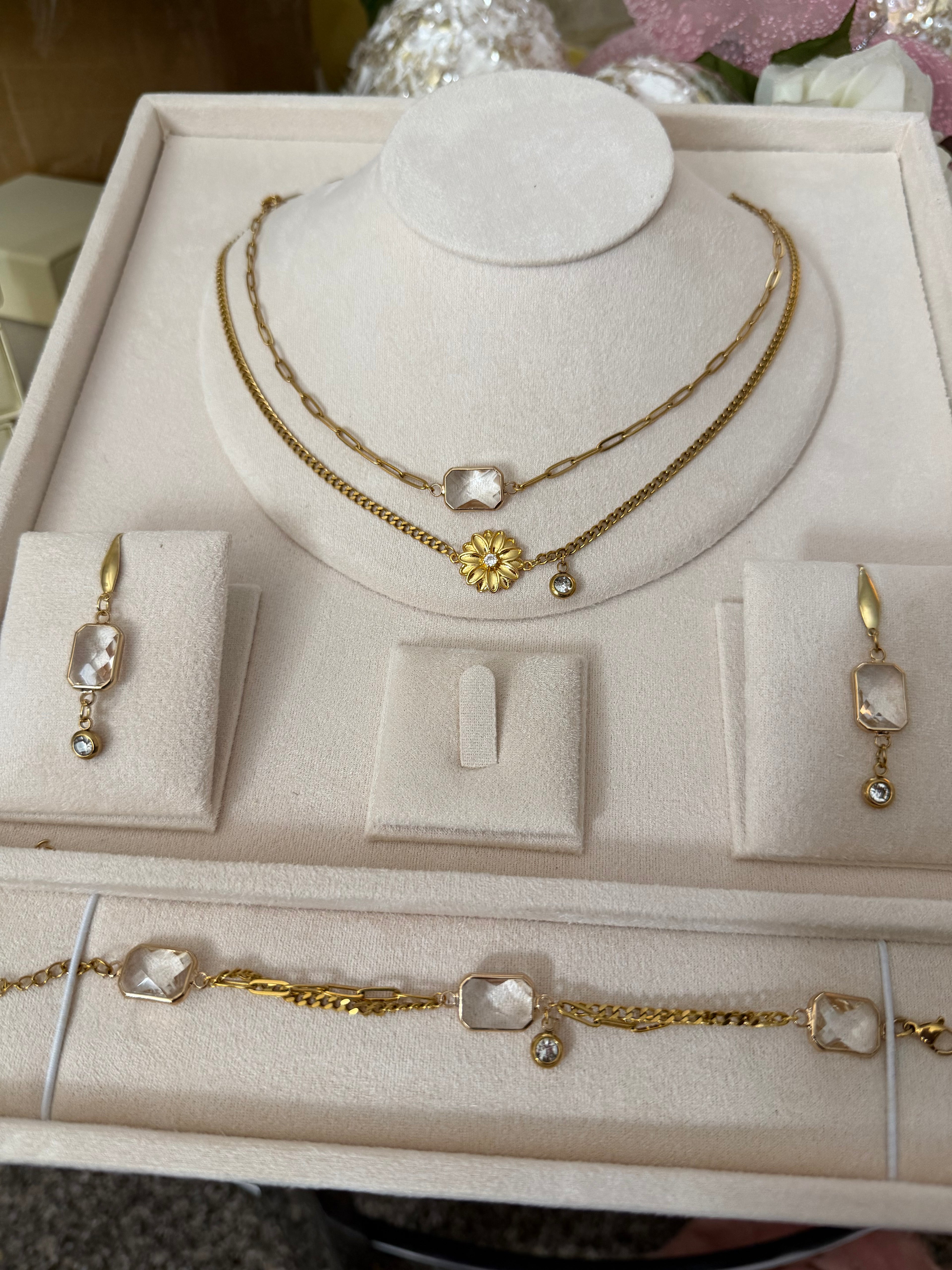 18k Gold PVD Birth Month double layered pendant Necklace, Bracelet and Earrings 3 pce set.