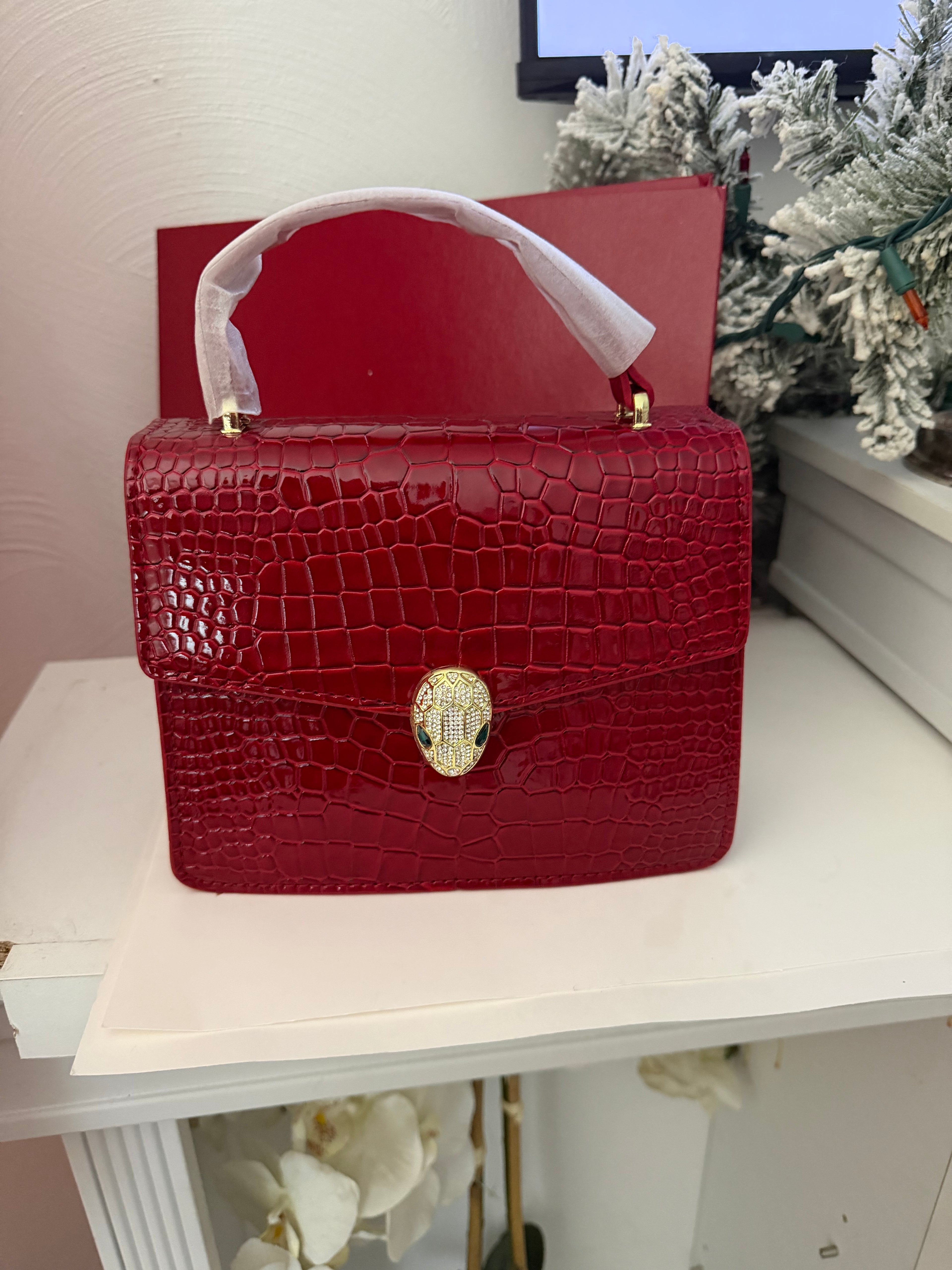 Red Croc Embossed Leather Handbag with Gold Serpent Snake Clasp | Emerald Eye Snake Head Top Handle Bag