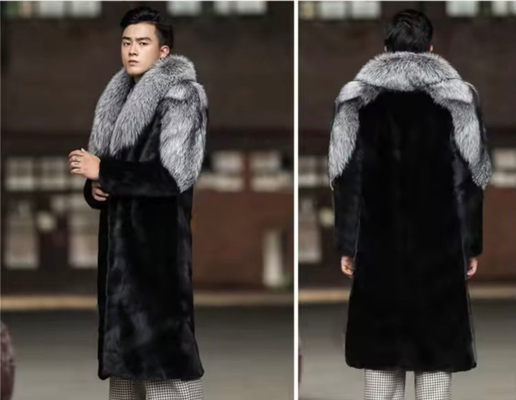 Luxury Faux Fur Long Coat for Men with Silver Fox Collar
