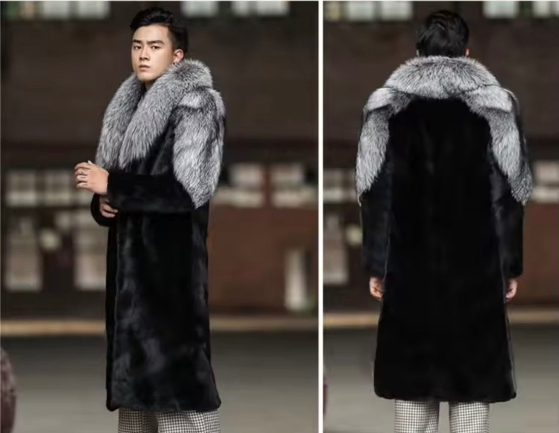 Luxury Faux Fur Long Coat for Men with Silver Fox Collar