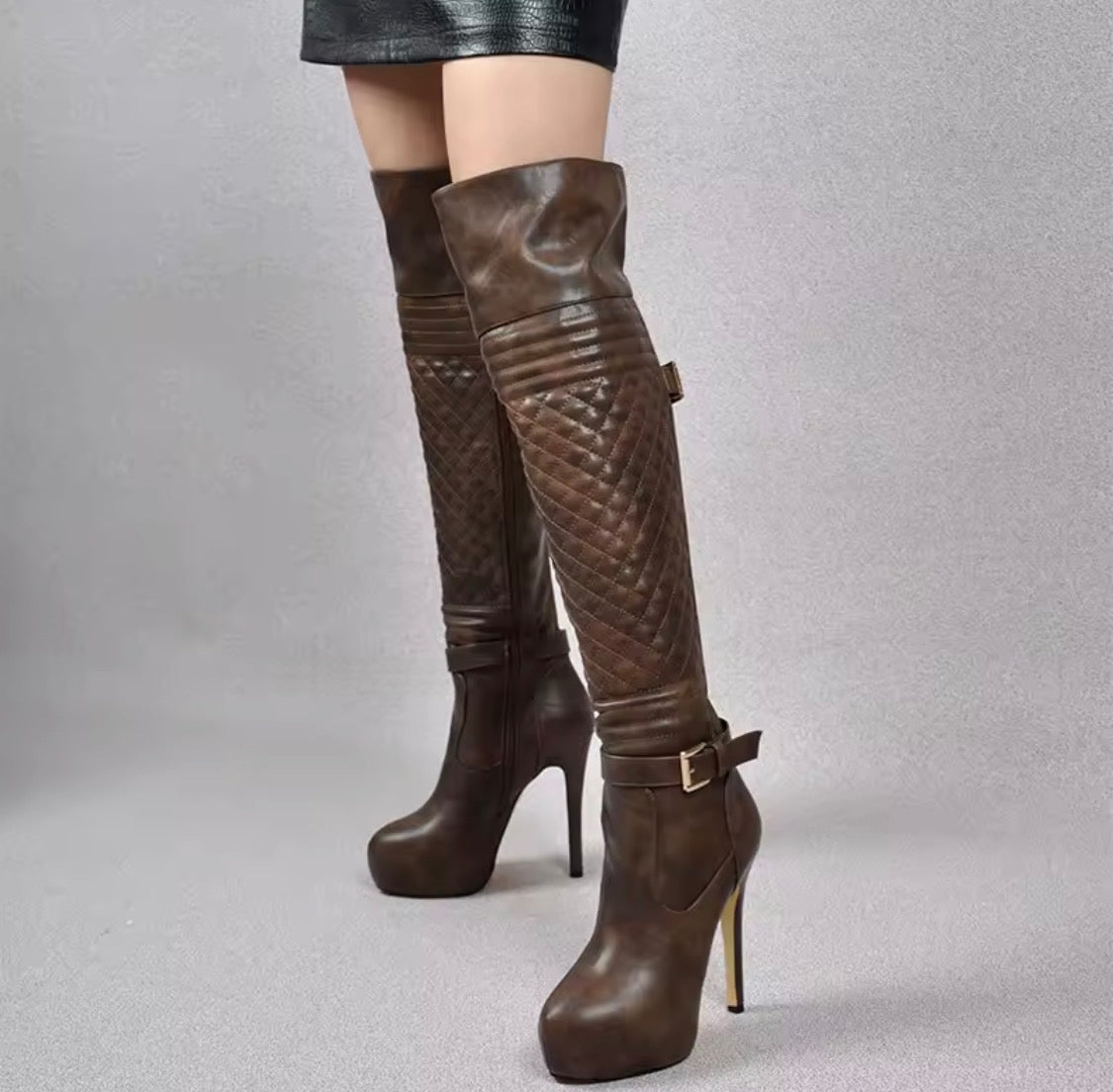 Women’s Over the Knee Platform Boots – Quilted High Heel Stiletto Thigh High Riding Boots with Ankle Buckle & Side Zipper