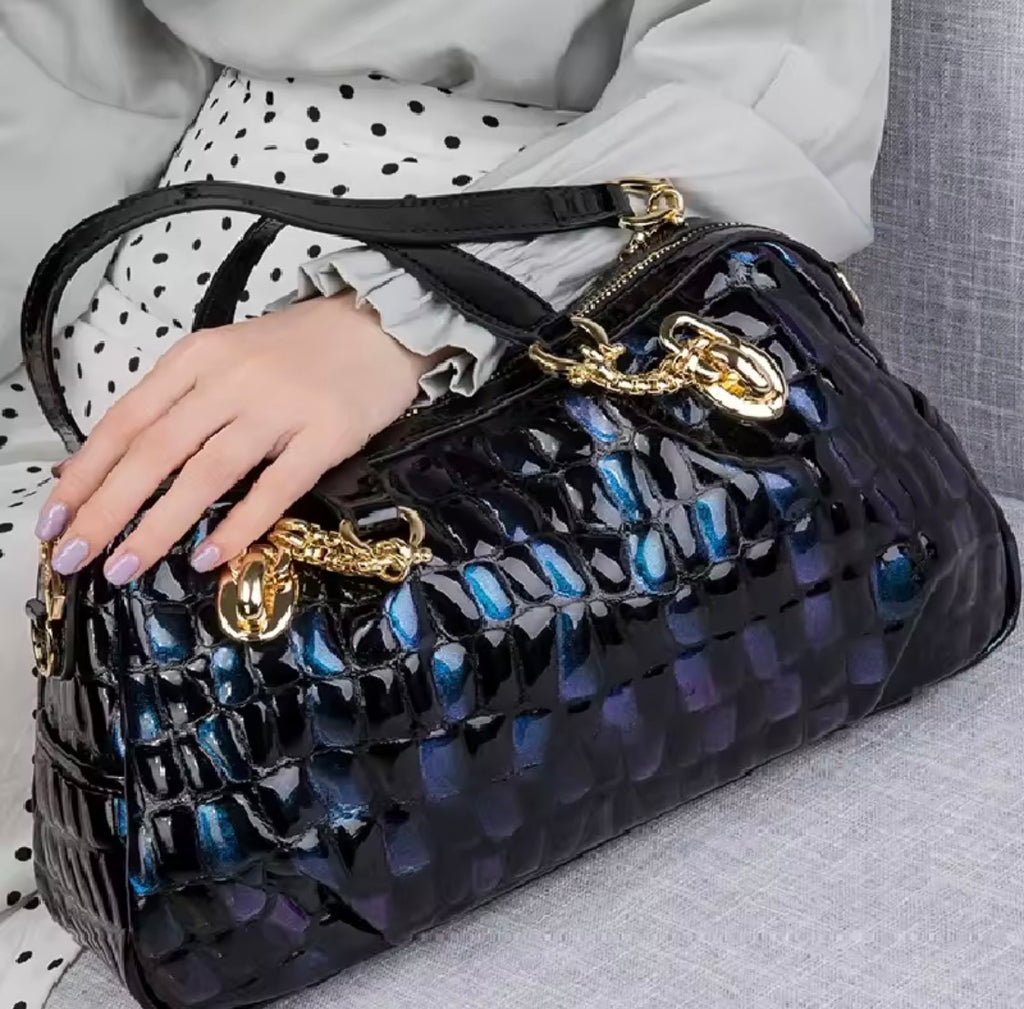 Gradient Leather Satchel Bag, Crocodile Print Top Handle Handbag