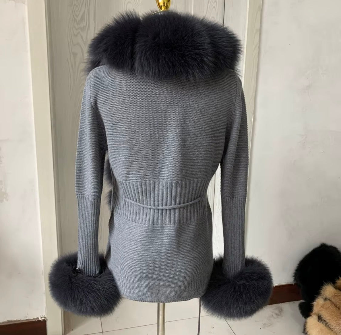 Luxury Real Fox Fur Cardigan with Sleeves & Cuffs | Handcrafted Knit Wool Blend Sweater with Genuine Fox Fur Trim