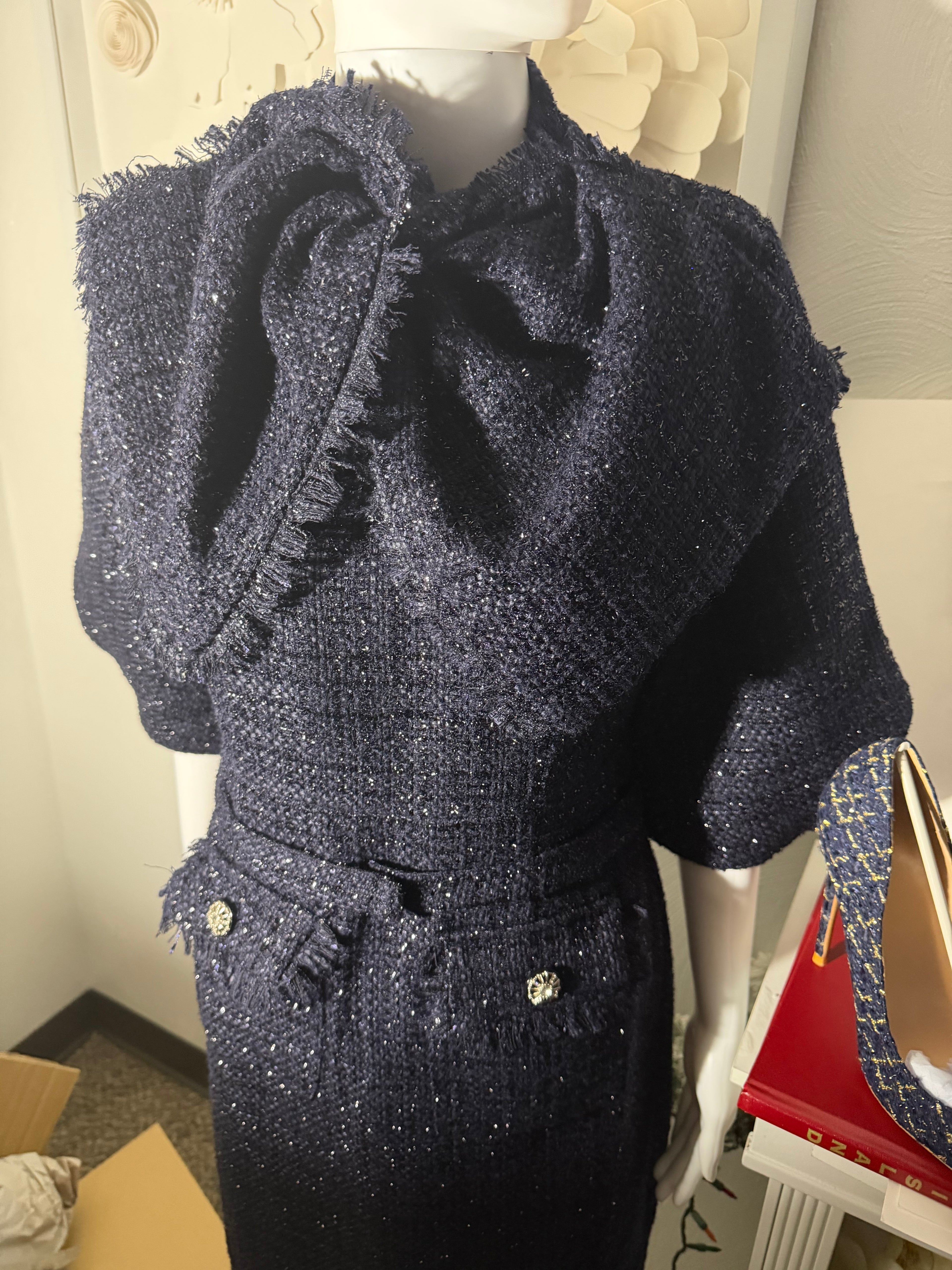 Navy Blue Tweed Belted Midi Dress and Pointed-Toe 12cm Stiletto Pump Set | 2-Piece