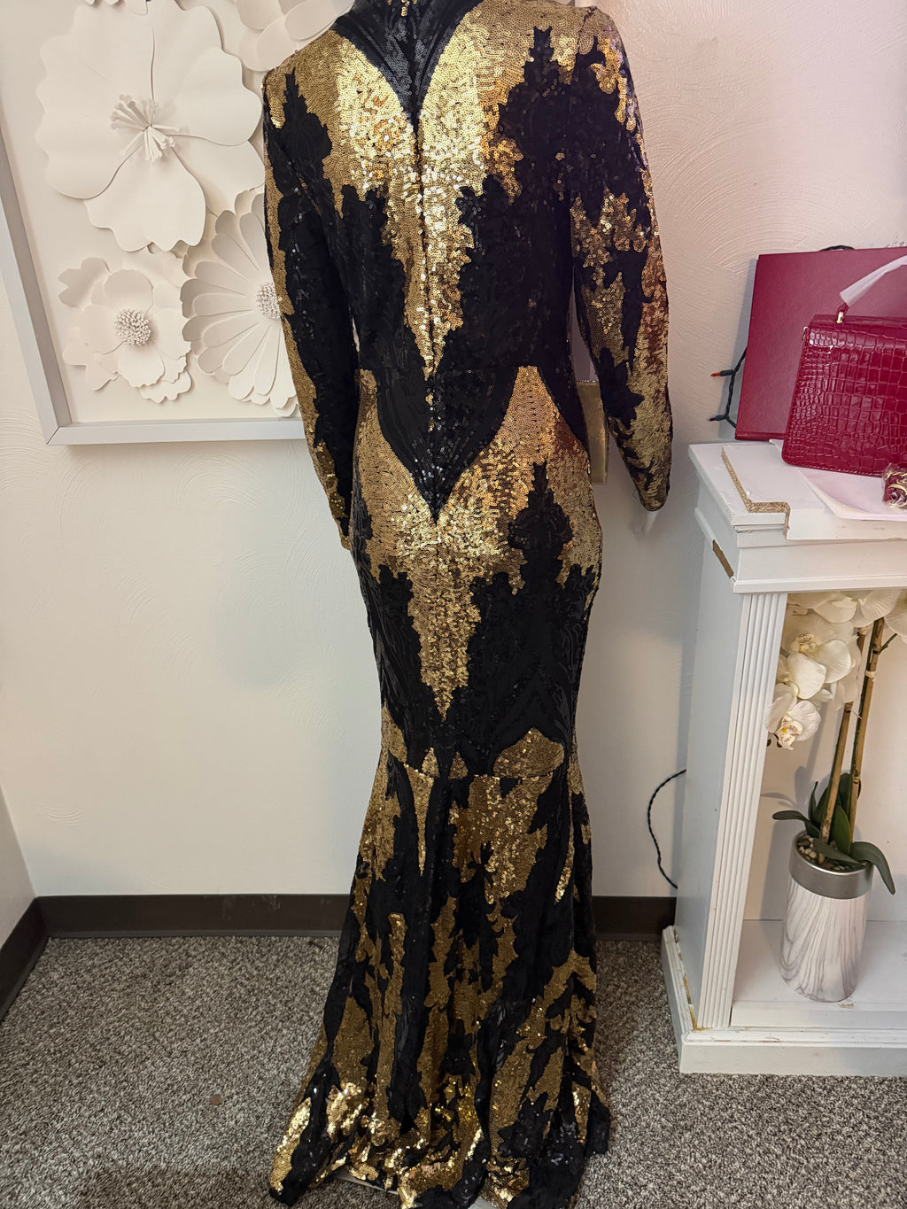 3 piece Black & Gold Sequin Evening Gown with Black Pumps and Gold Clutch set