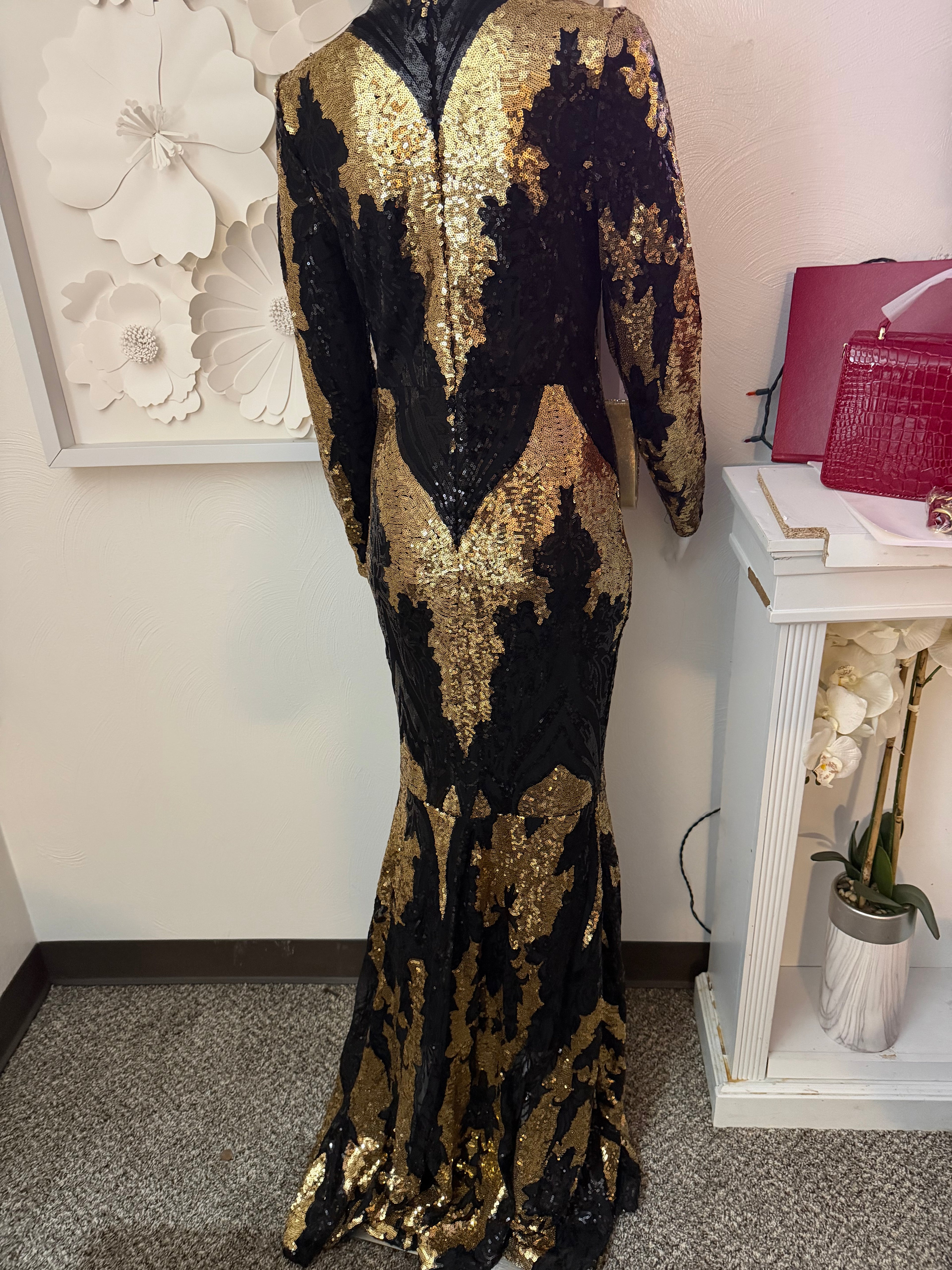3 piece Black & Gold Sequin Evening Gown with Black Pumps and Gold Clutch set