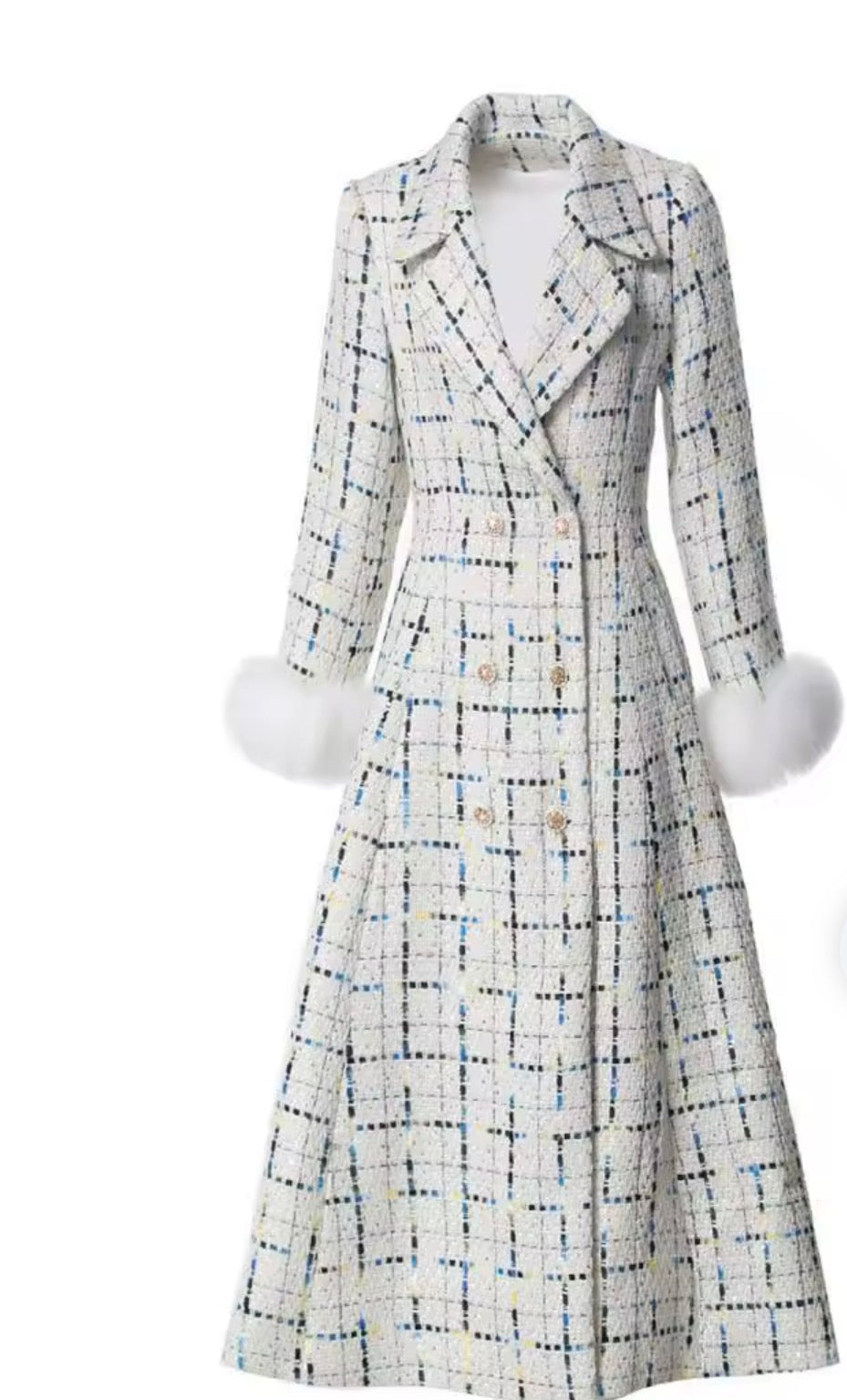 Women’s Long Tweed Plaid Trench Coat, Double-Breasted Winter Overcoat with Faux Fur Cuffs, Elegant Vintage Midi Jacket